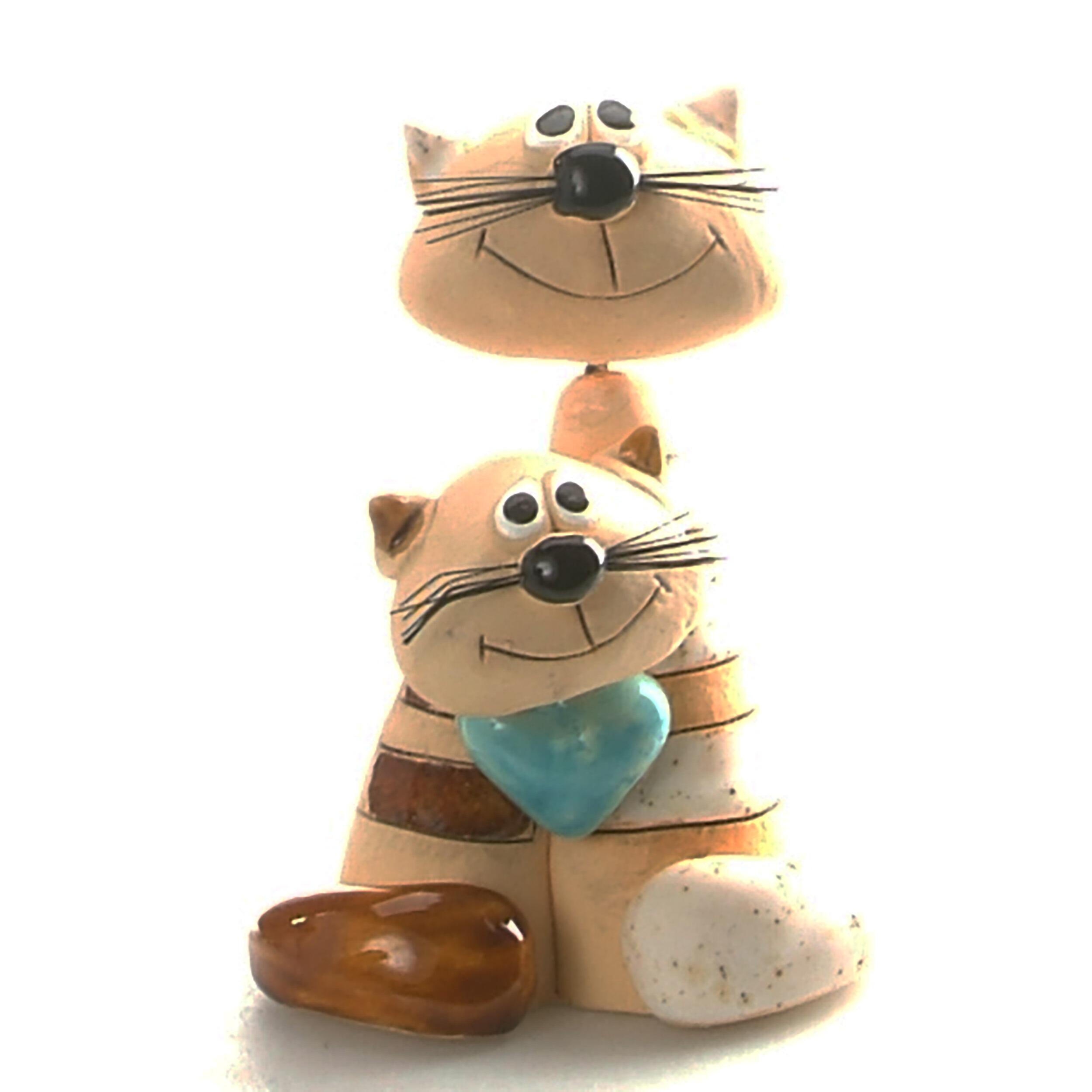 Magical Cat Pair with Blue Heart Handmade Ceramic Figurine