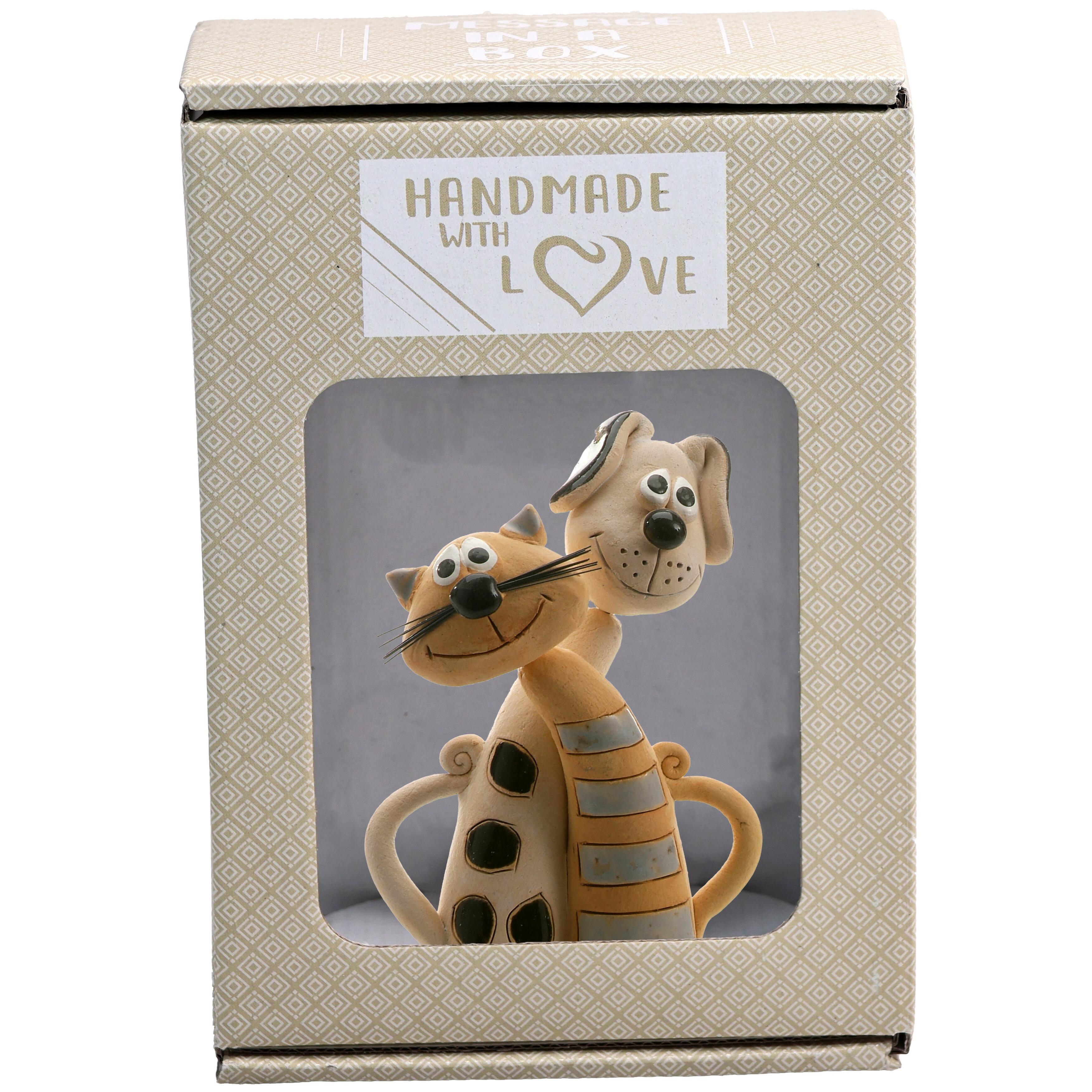 Handmade Ceramic Cat & Dog Figurine – Grey Striped Cat and Black Spotted Dog – Pet Lover Gift – Animal Home Décor