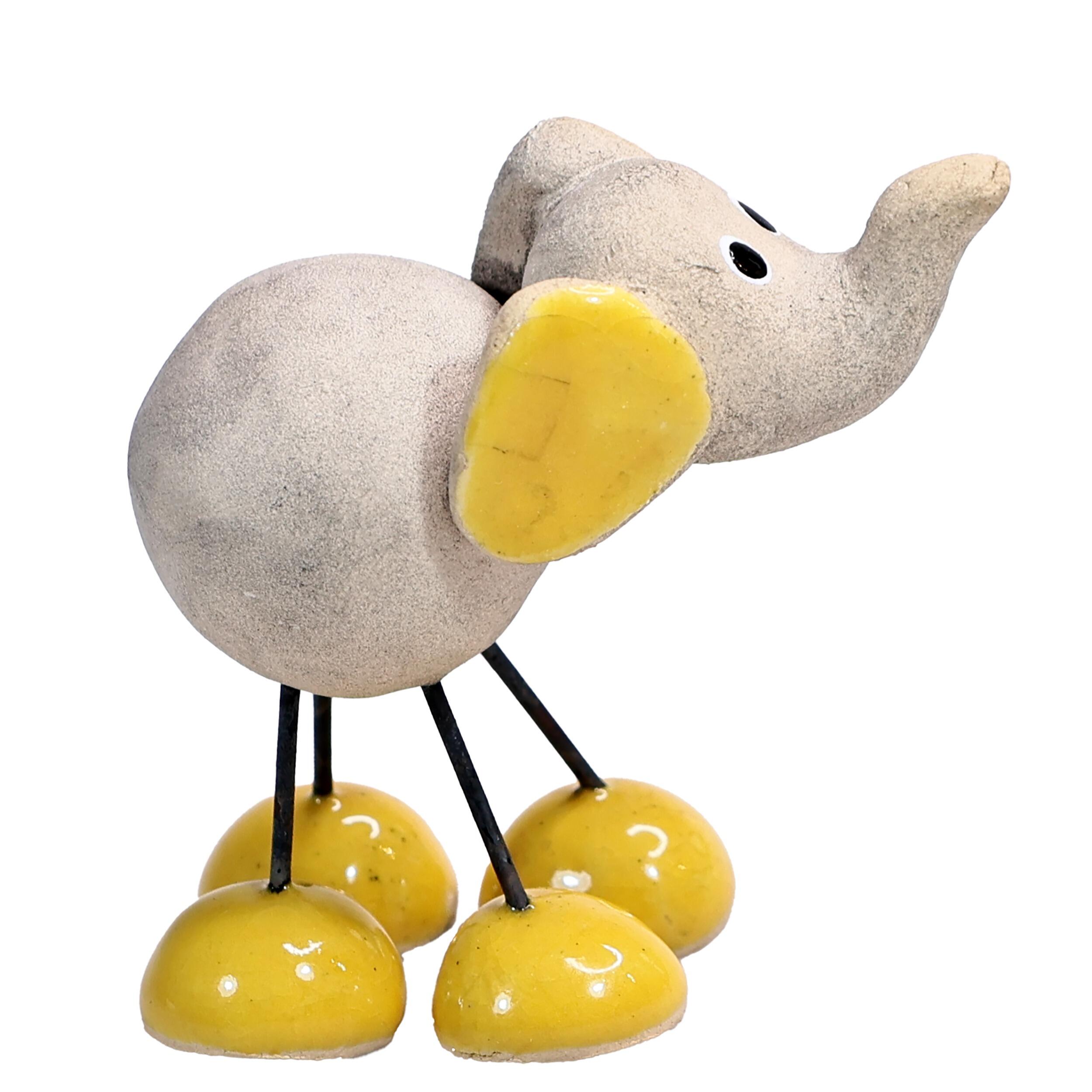 Quirky Handmade Ceramic Mini Elephant with Trunk Up and Wire Legs