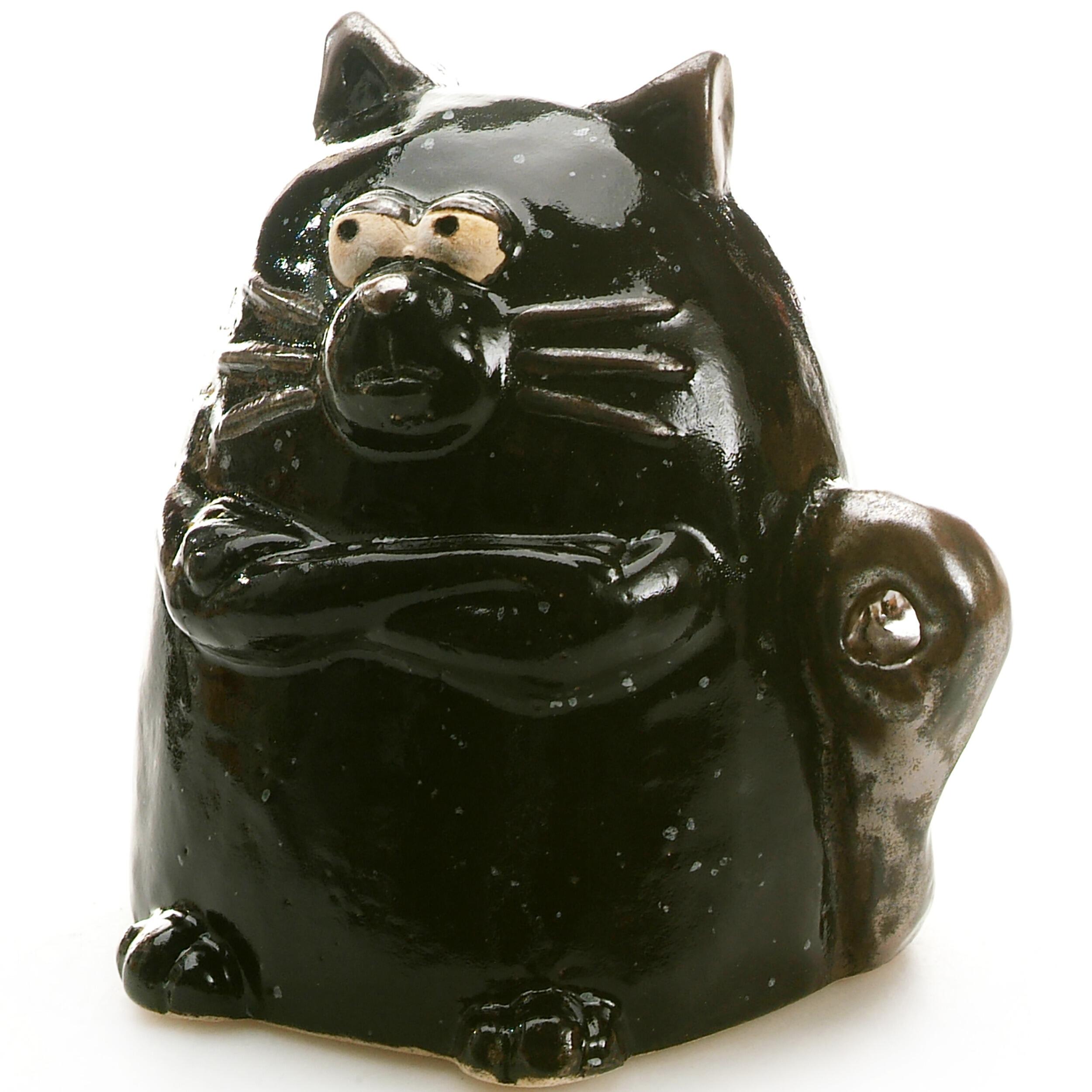 Funky handmade ceramic grumpy cat in a variety of colours with metallic tail. Hand-built, whimsical, and collectible decorative sculpture.