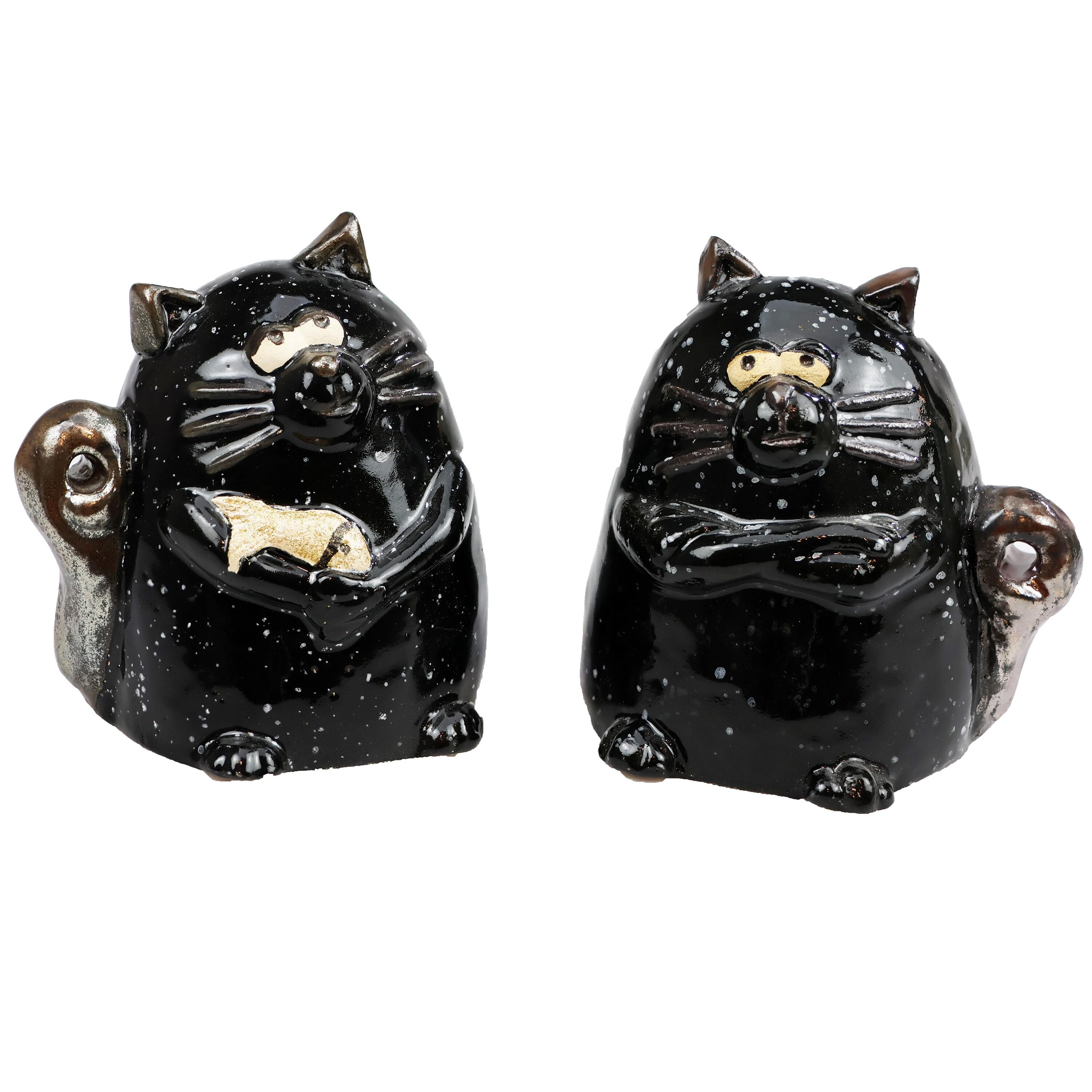 Funky Handmade Ceramic Grumpy Cat with Fish in Various Colours and Metallic Tail