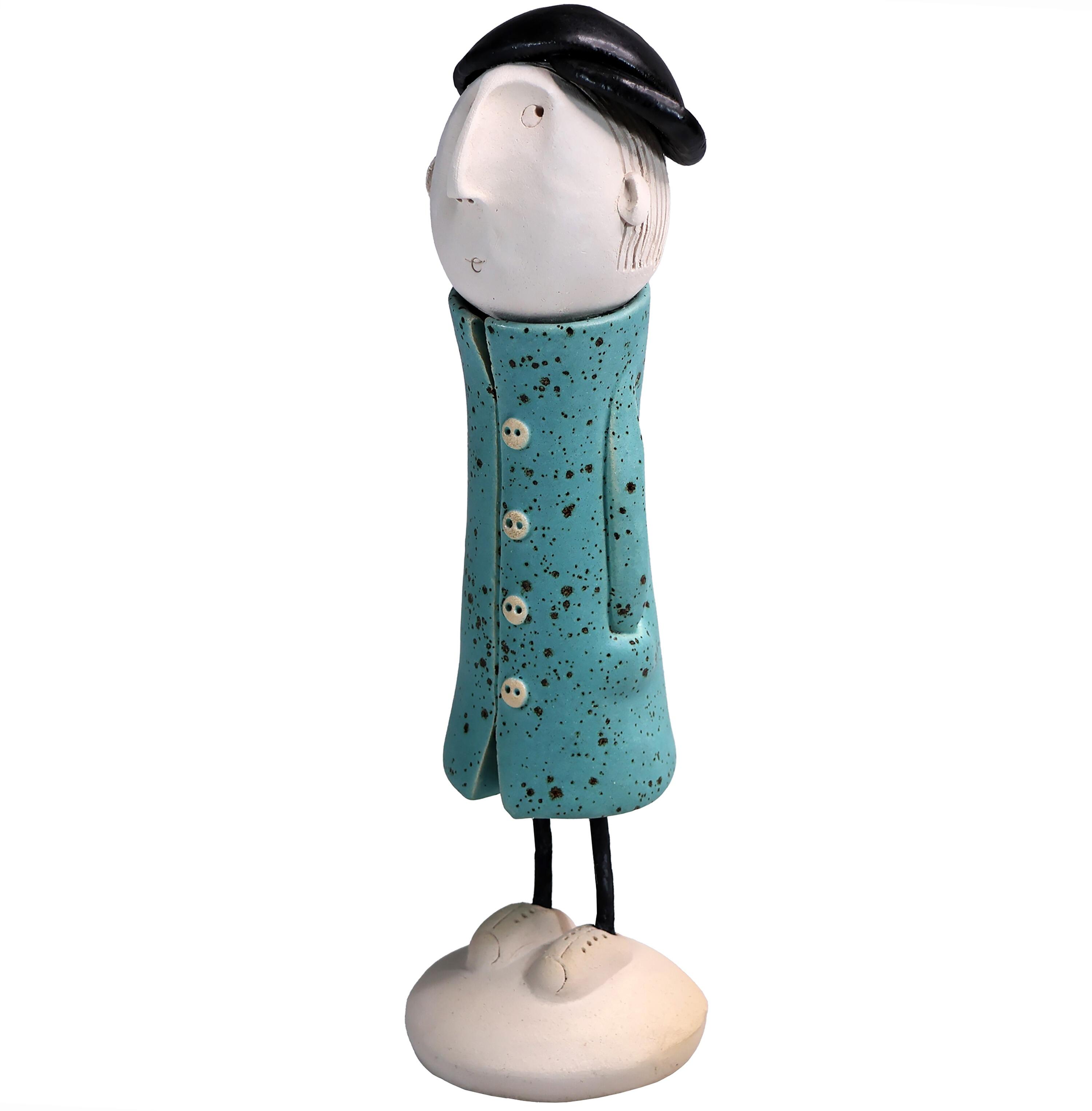 Handmade Ceramic Man Figurine in Great Coat & Baseball Cap | Couples Home Décor Gift
