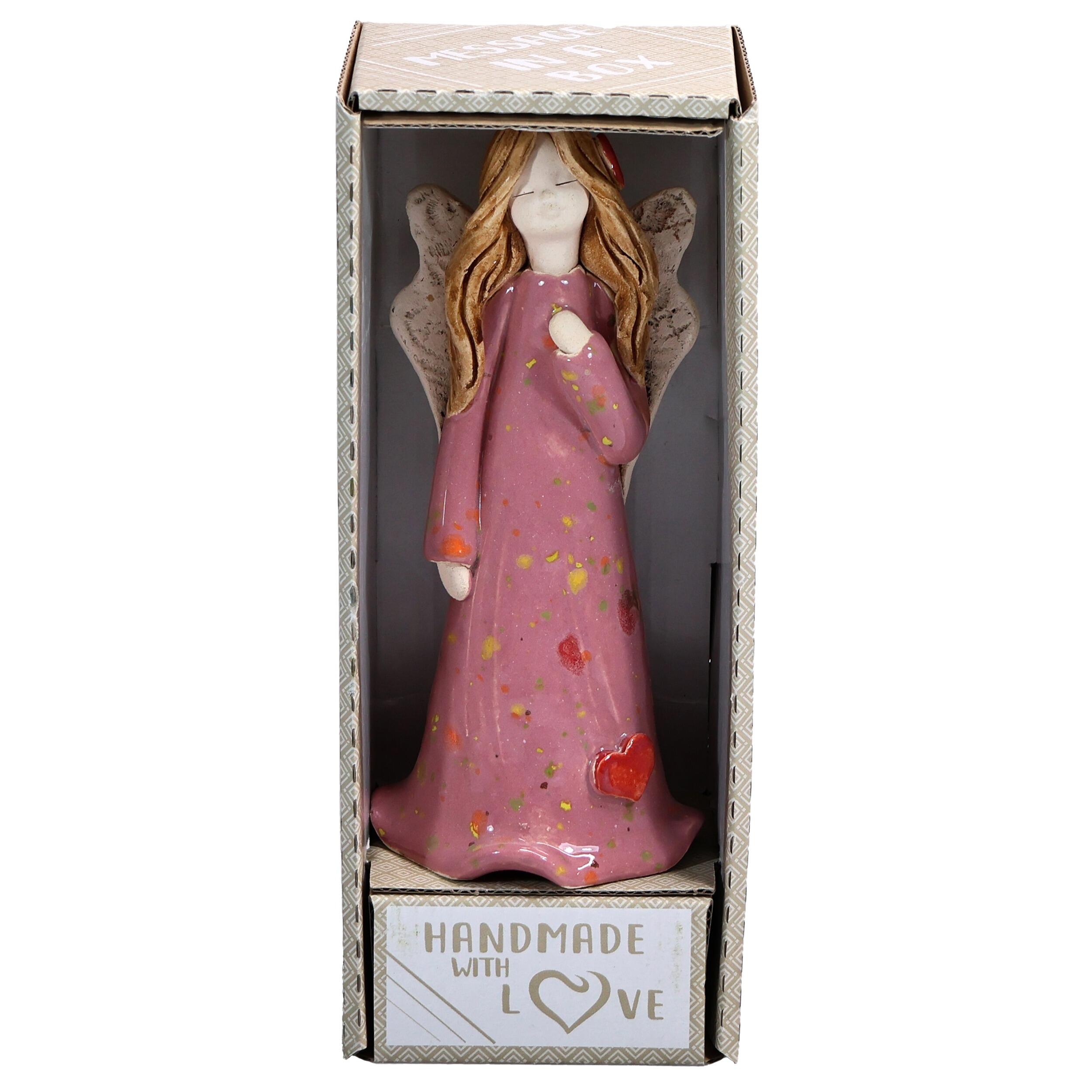 Handmade Pink Ceramic Angel with Red Hearts | Daughter Keepsake Figurine