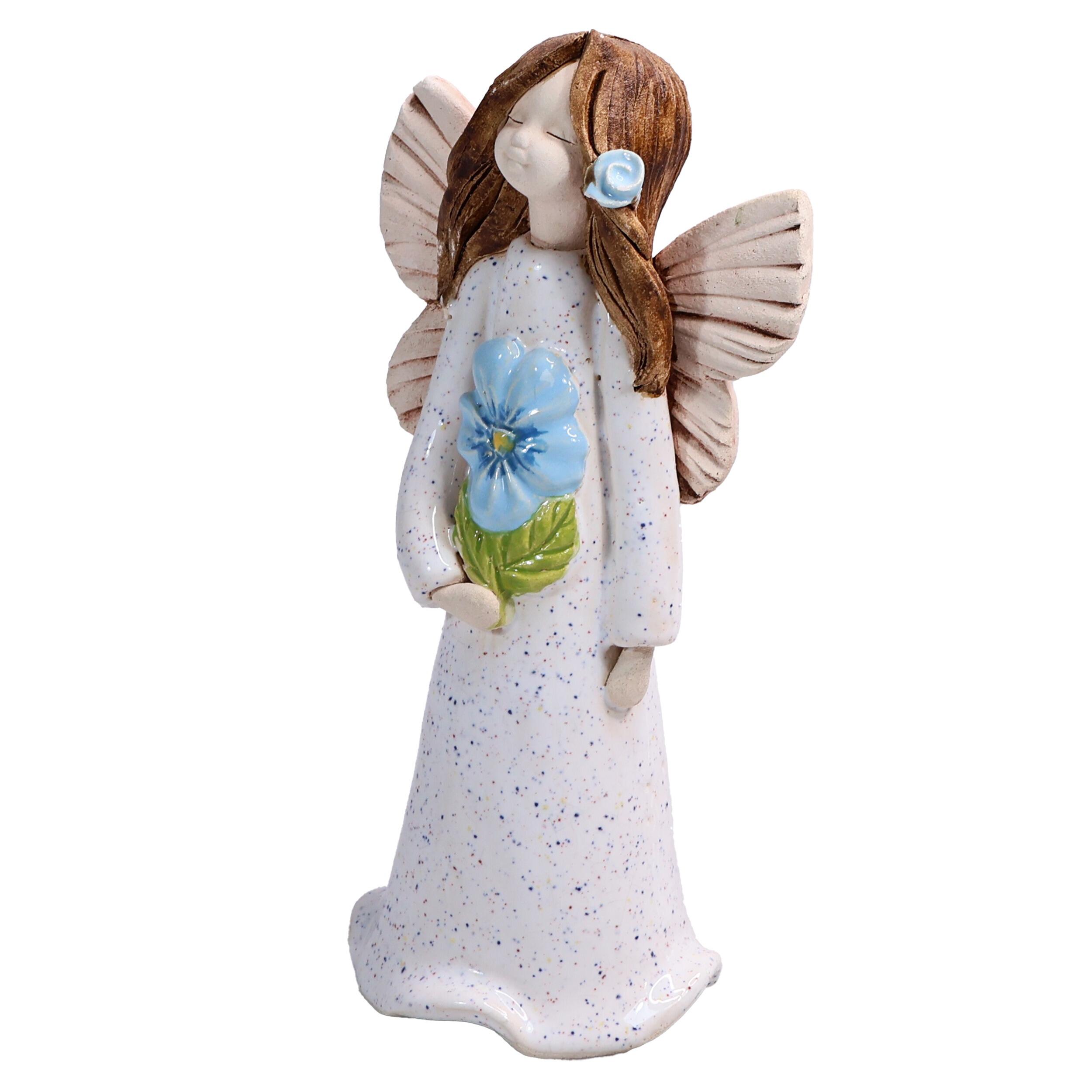 Handmade Ceramic Angel Holding Blue Flower | Friendship Figurine