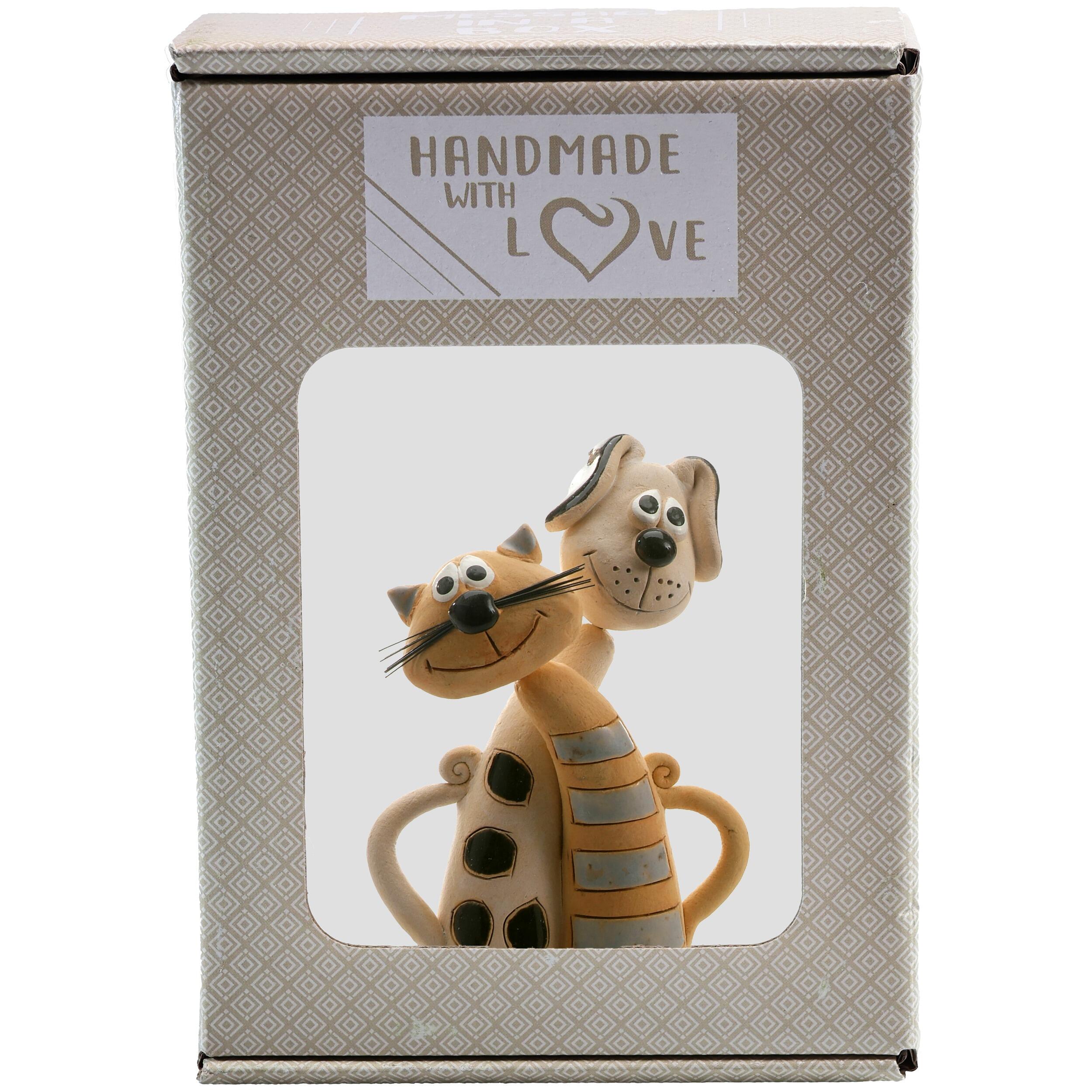 Handmade Ceramic Cat & Dog Figurine – Grey Striped Cat and Black Spotted Dog – Pet Lover Gift – Animal Home Décor