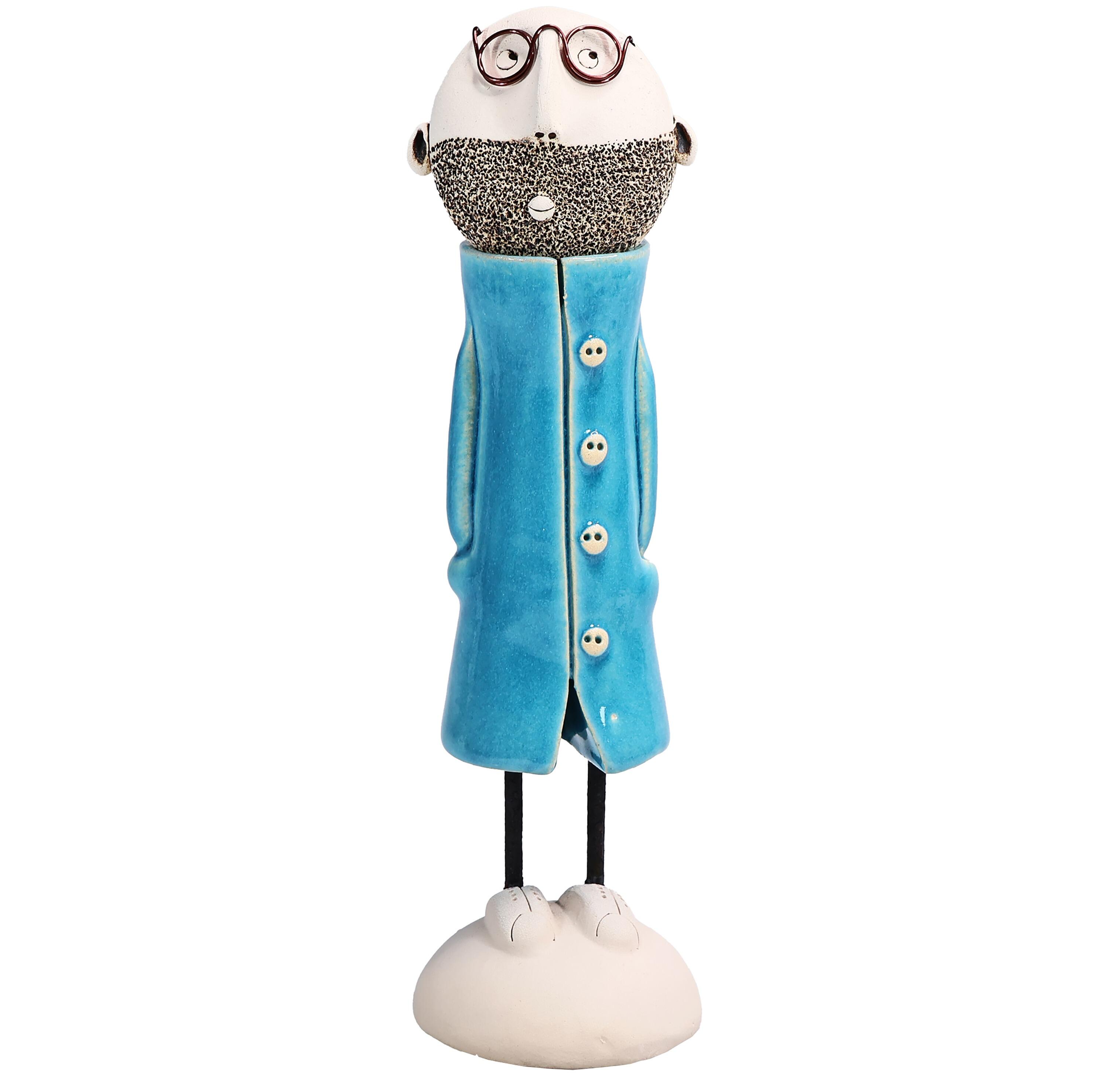Handmade Bald Man Figurine with Glasses & Beard in Great Coat