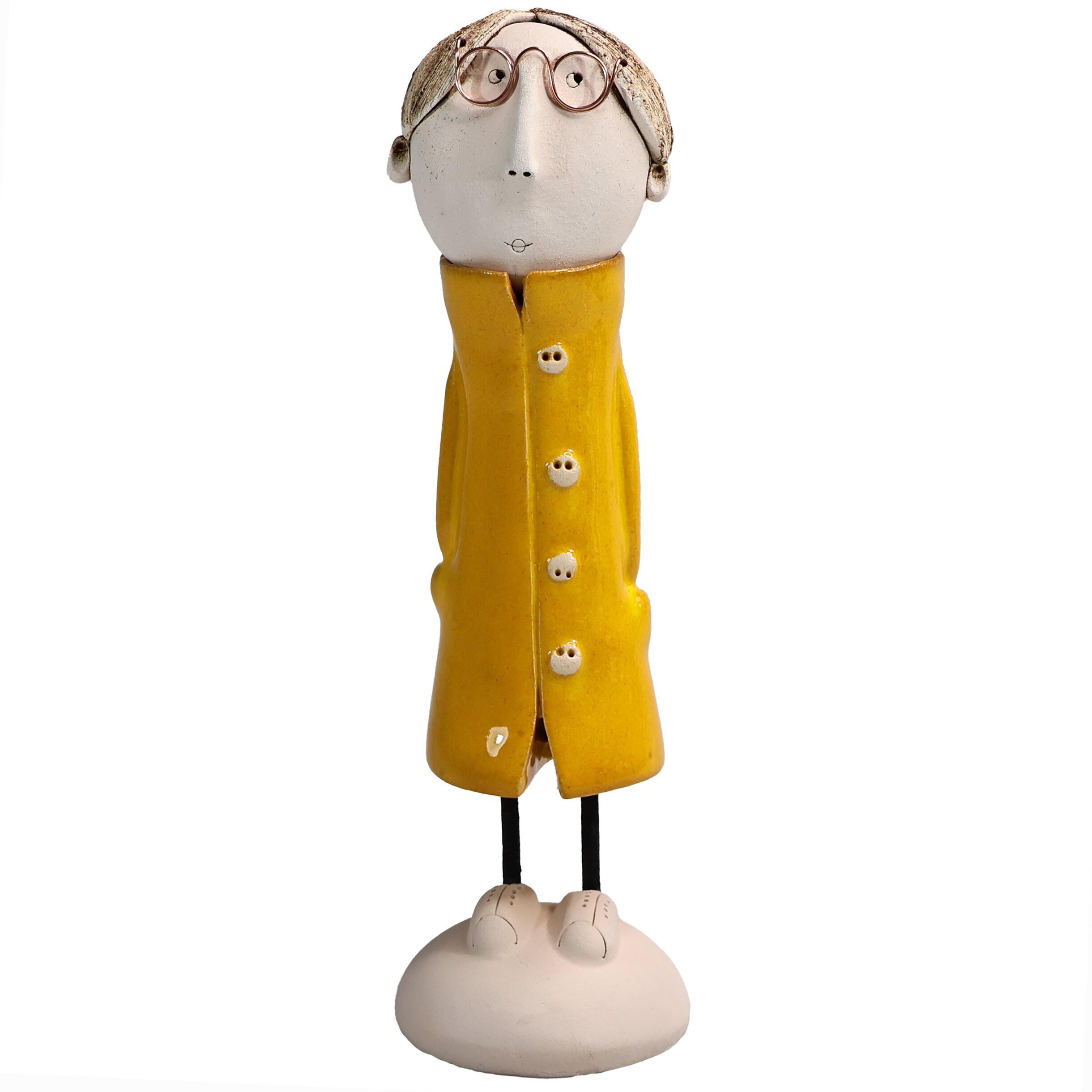 Handmade Ceramic Long-Haired Man Figurine with Specs & Great Coat | Couples Home Décor Gift