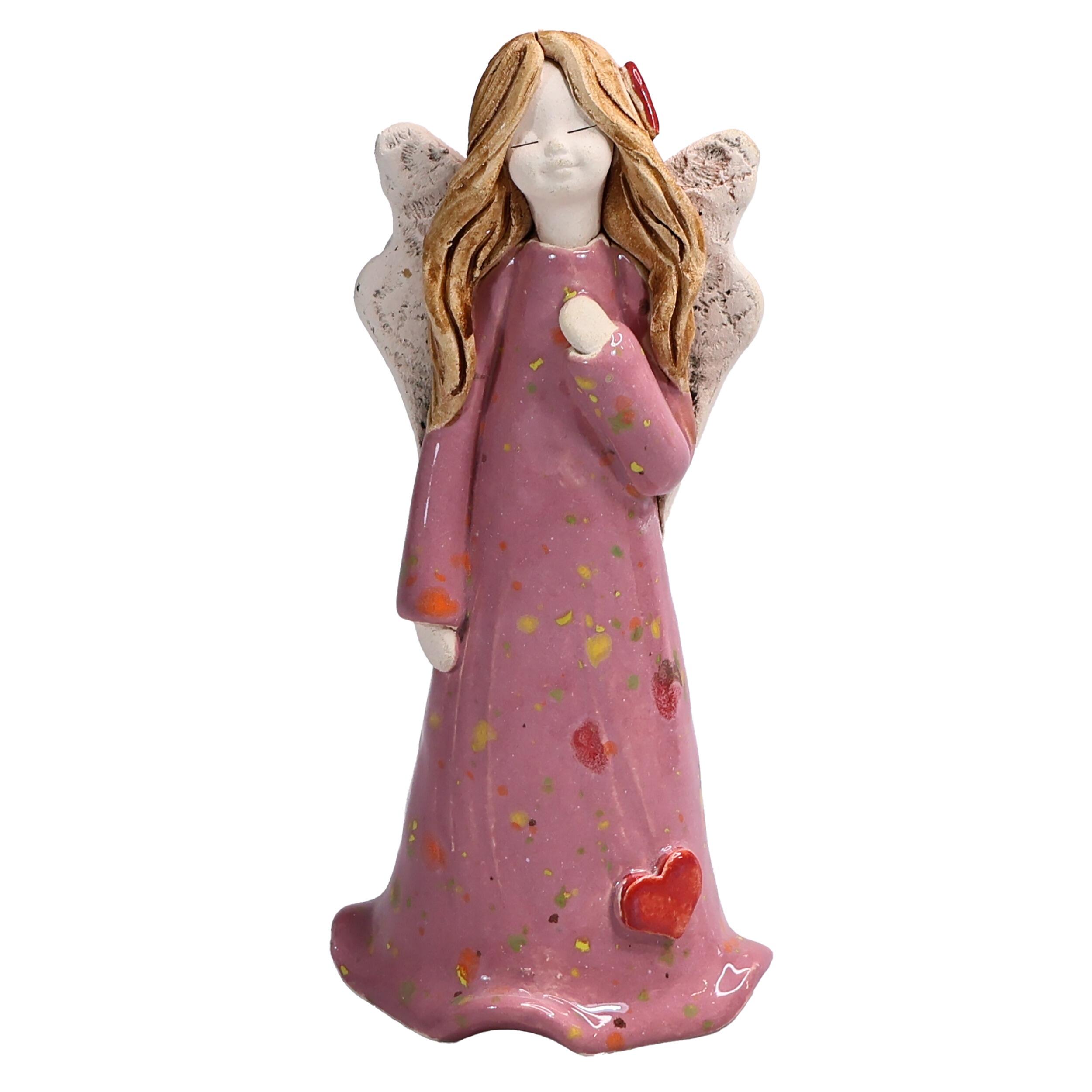 Handmade Pink Ceramic Angel with Red Hearts | Daughter Keepsake Figurine