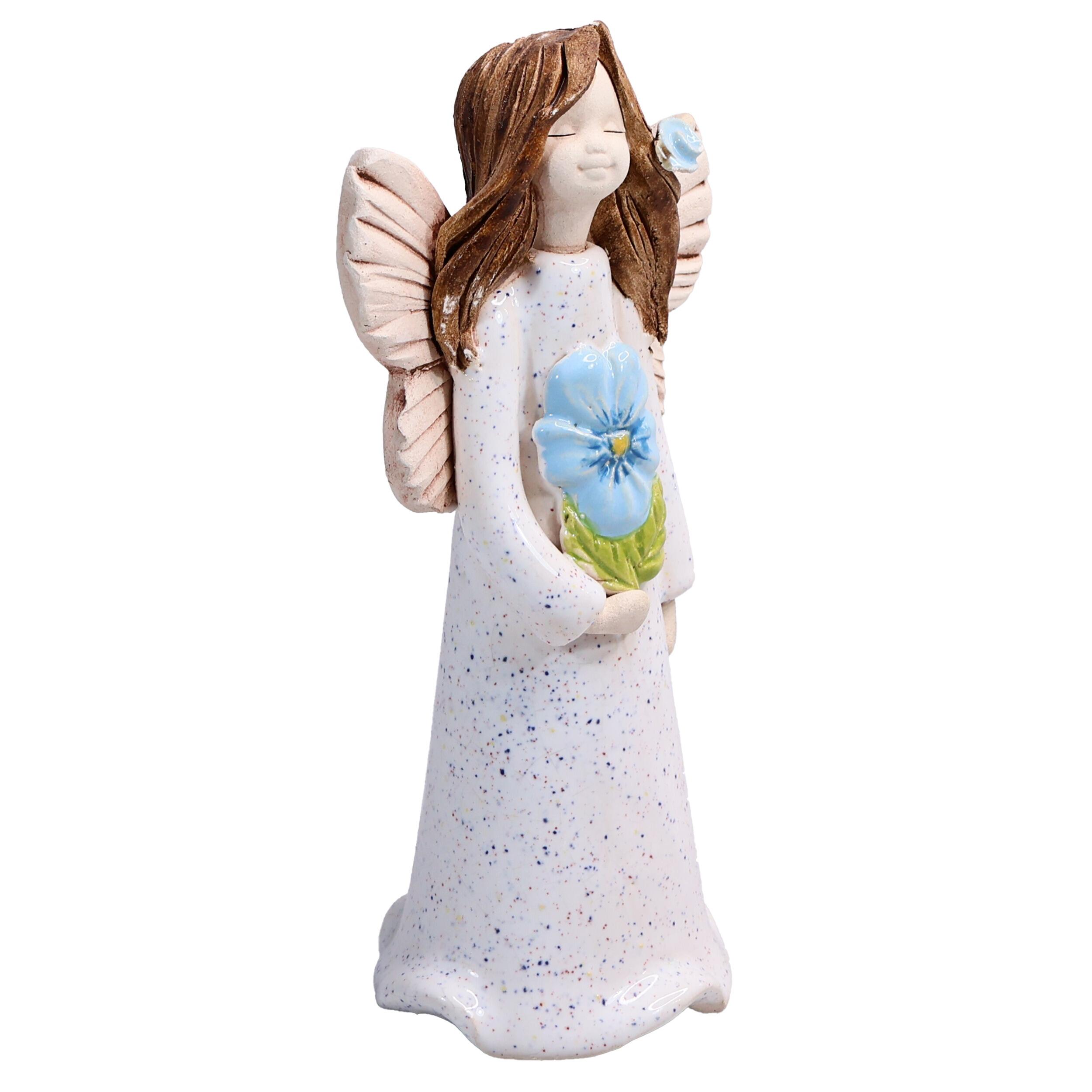 Handmade Ceramic Angel Holding Blue Flower | Friendship Figurine