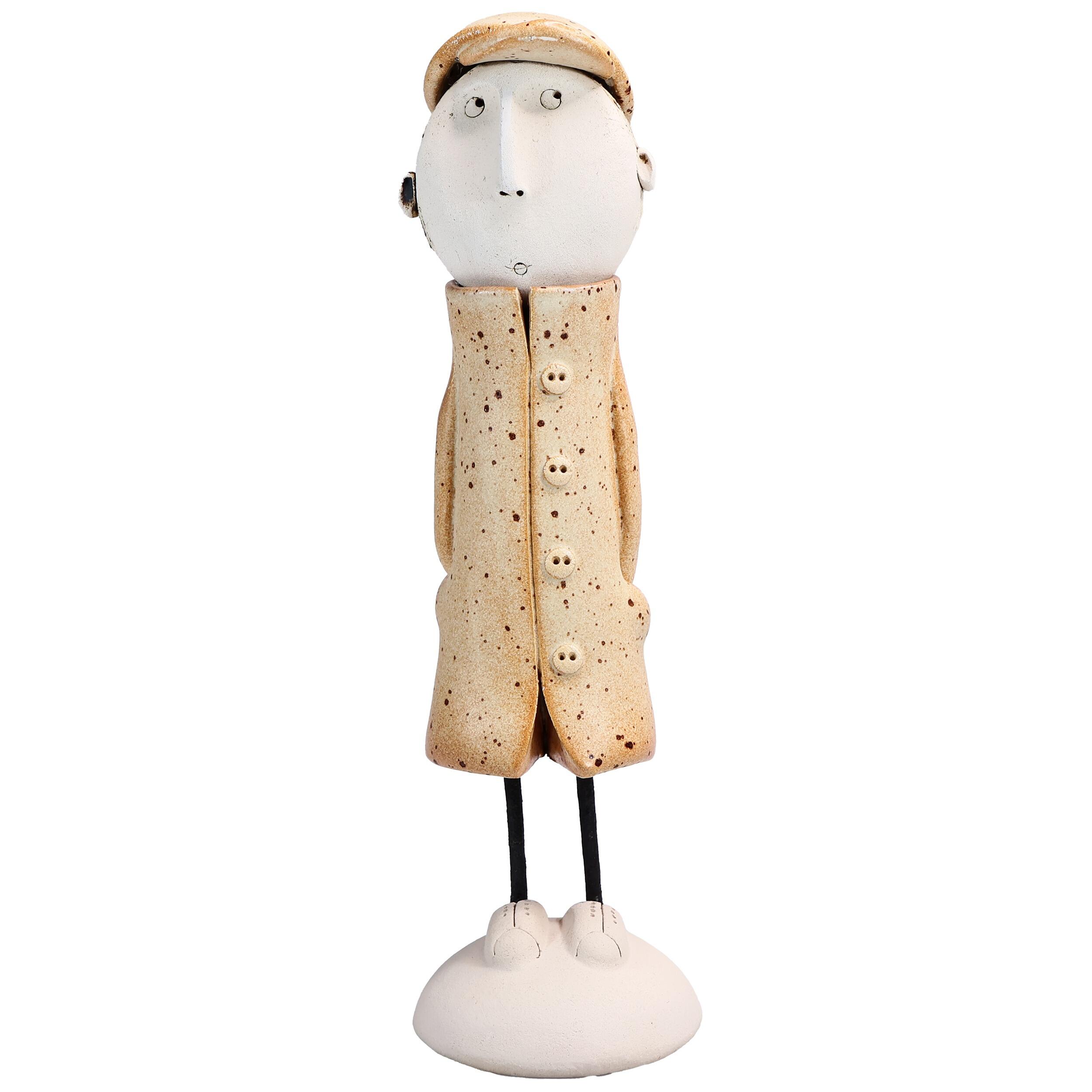 Handmade Ceramic Man Figurine in Great Coat & Baseball Cap | Couples Home Décor Gift