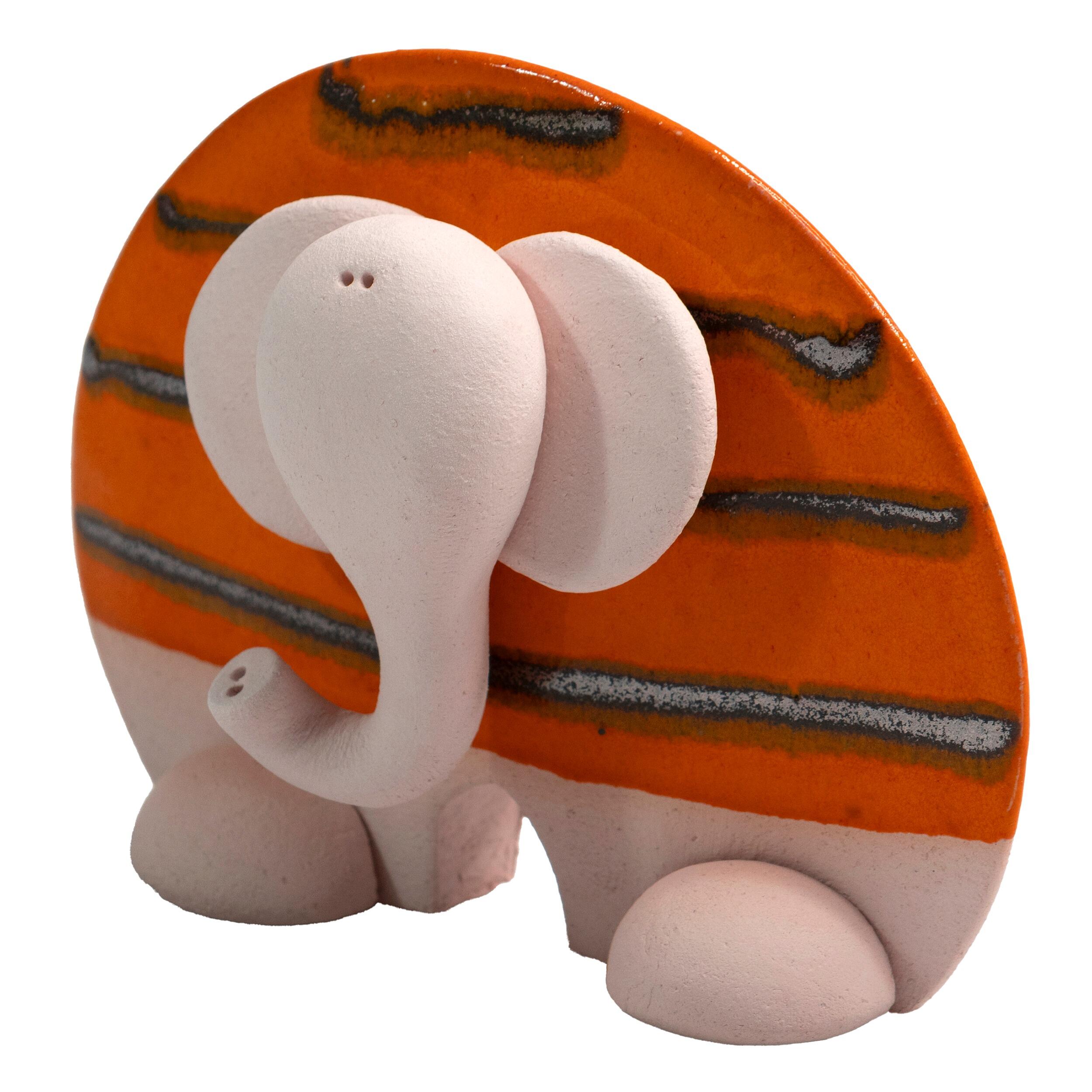 Handmade Ceramic Good Luck Elephant – Flat Elephant with Trunk Up, Pottery Animal Ornament, Lucky Home Décor Gift