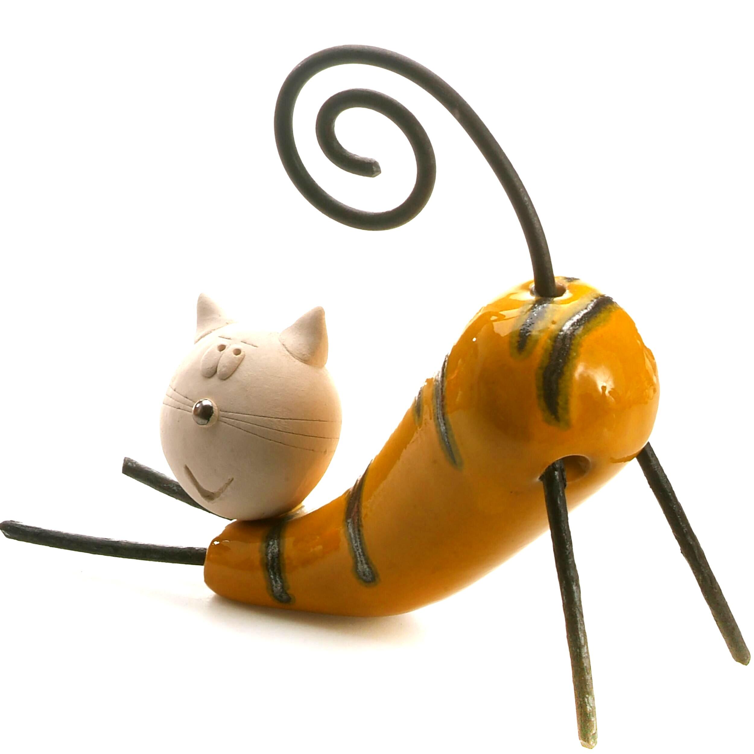 Handmade Ceramic Stretching Cat in various colours, crafted by skilled artisans, featuring a whimsical and elegant design, perfect for home decor.