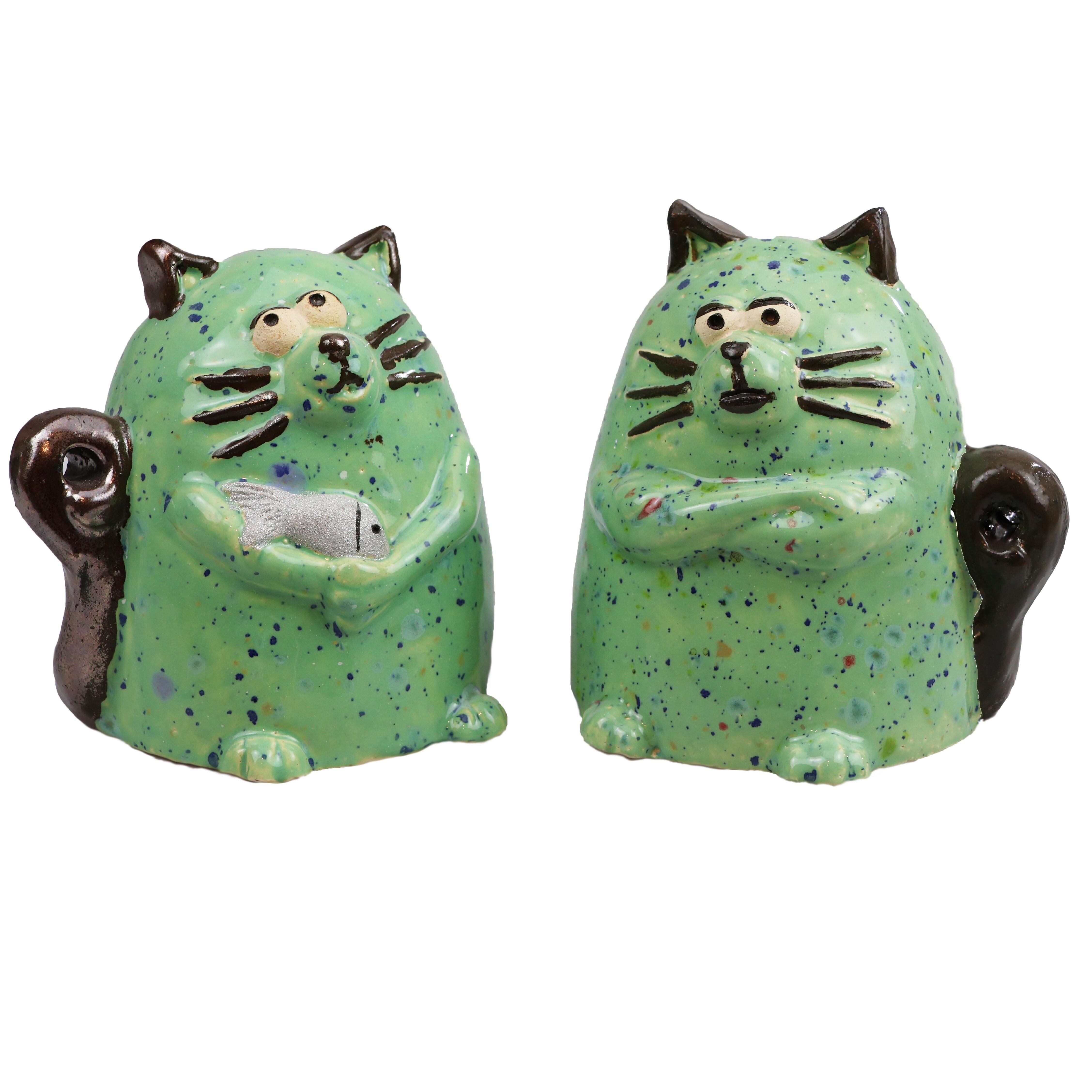 Funky Handmade Ceramic Grumpy Cat with Fish in Various Colours and Metallic Tail