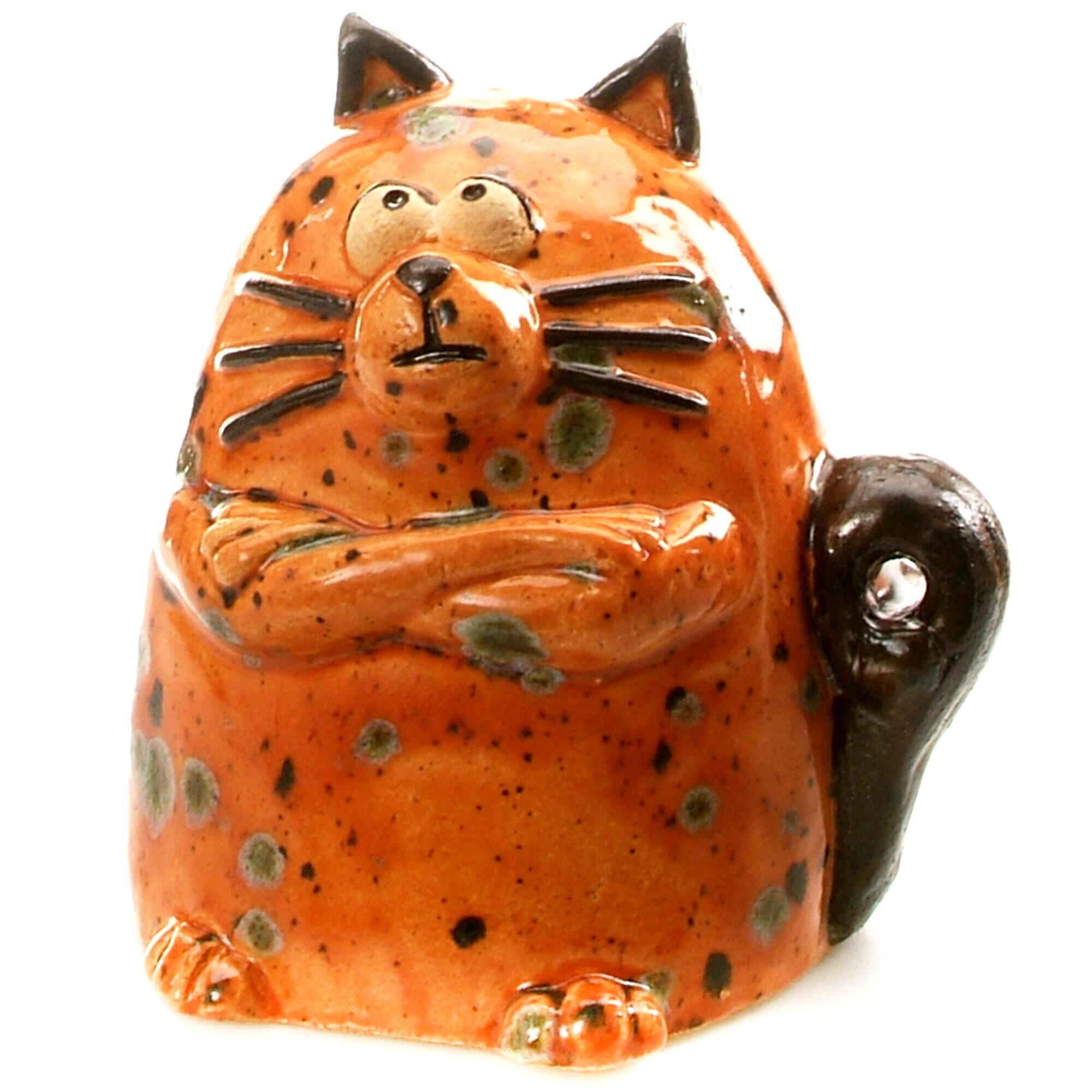 Funky handmade ceramic grumpy cat in a variety of colours with metallic tail. Hand-built, whimsical, and collectible decorative sculpture.