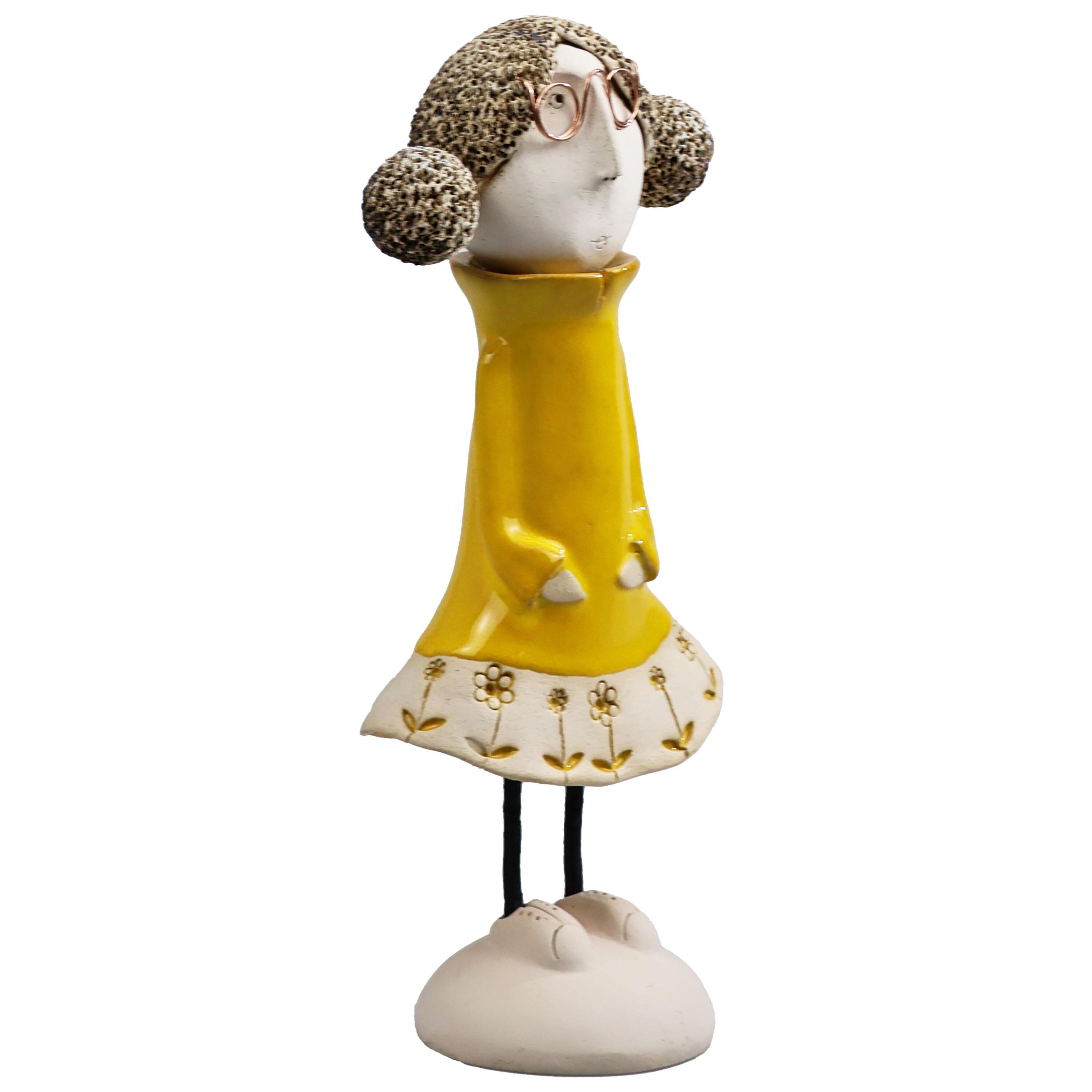Handmade Ceramic Girl Figurine with Rounded Bunches | Home Décor Gift