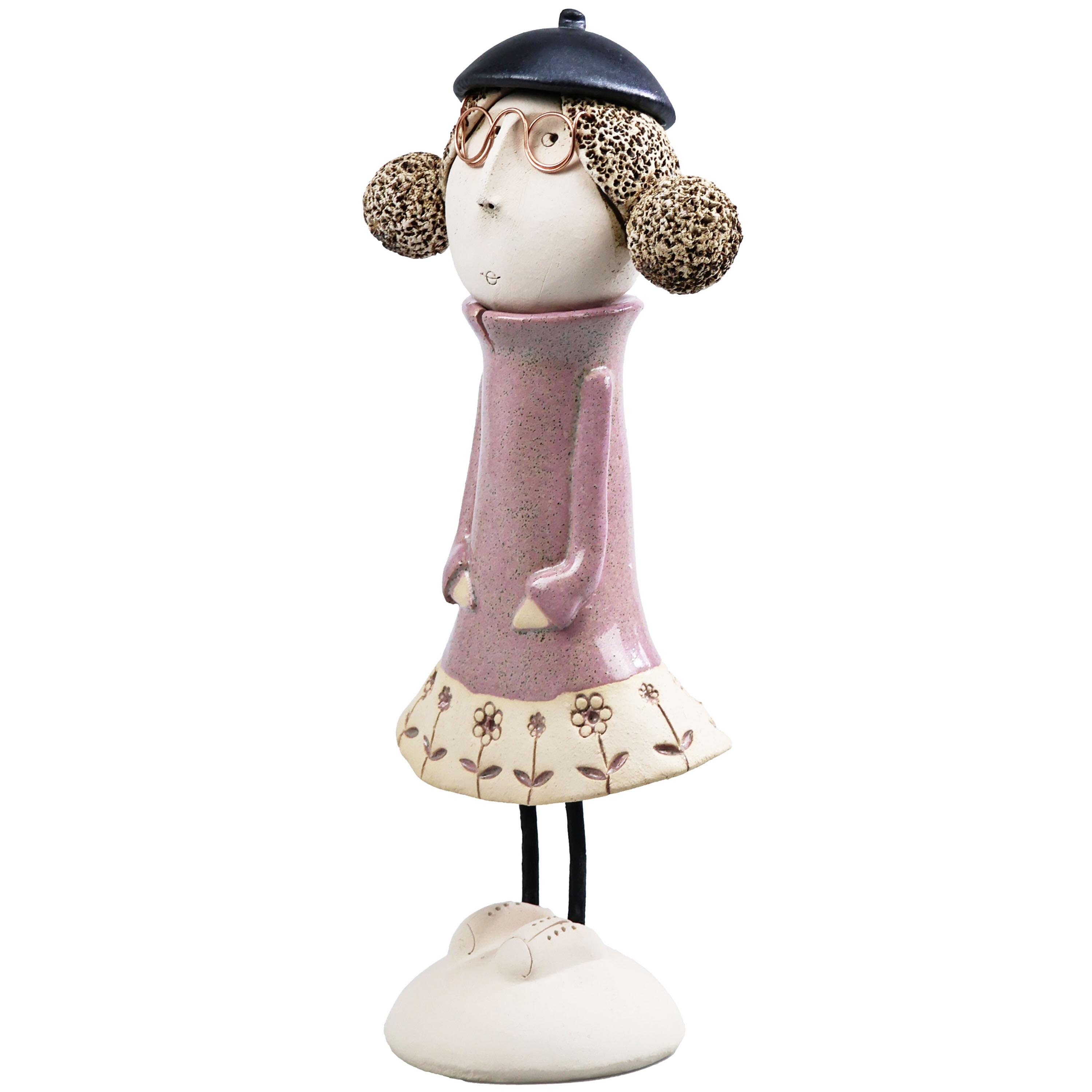 Handmade Ceramic Girl Figurine with Rounded Bunches | Home Décor Gift