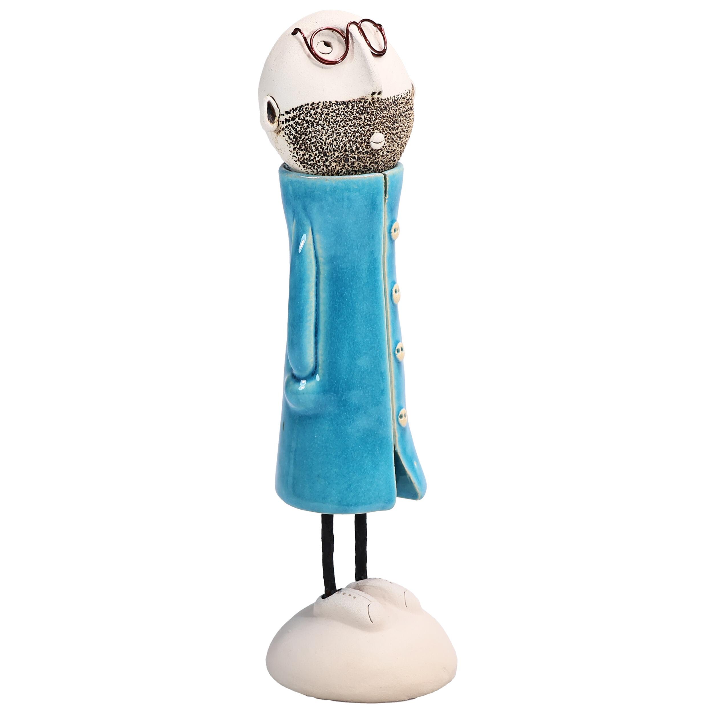 Handmade Bald Man Figurine with Glasses & Beard in Great Coat