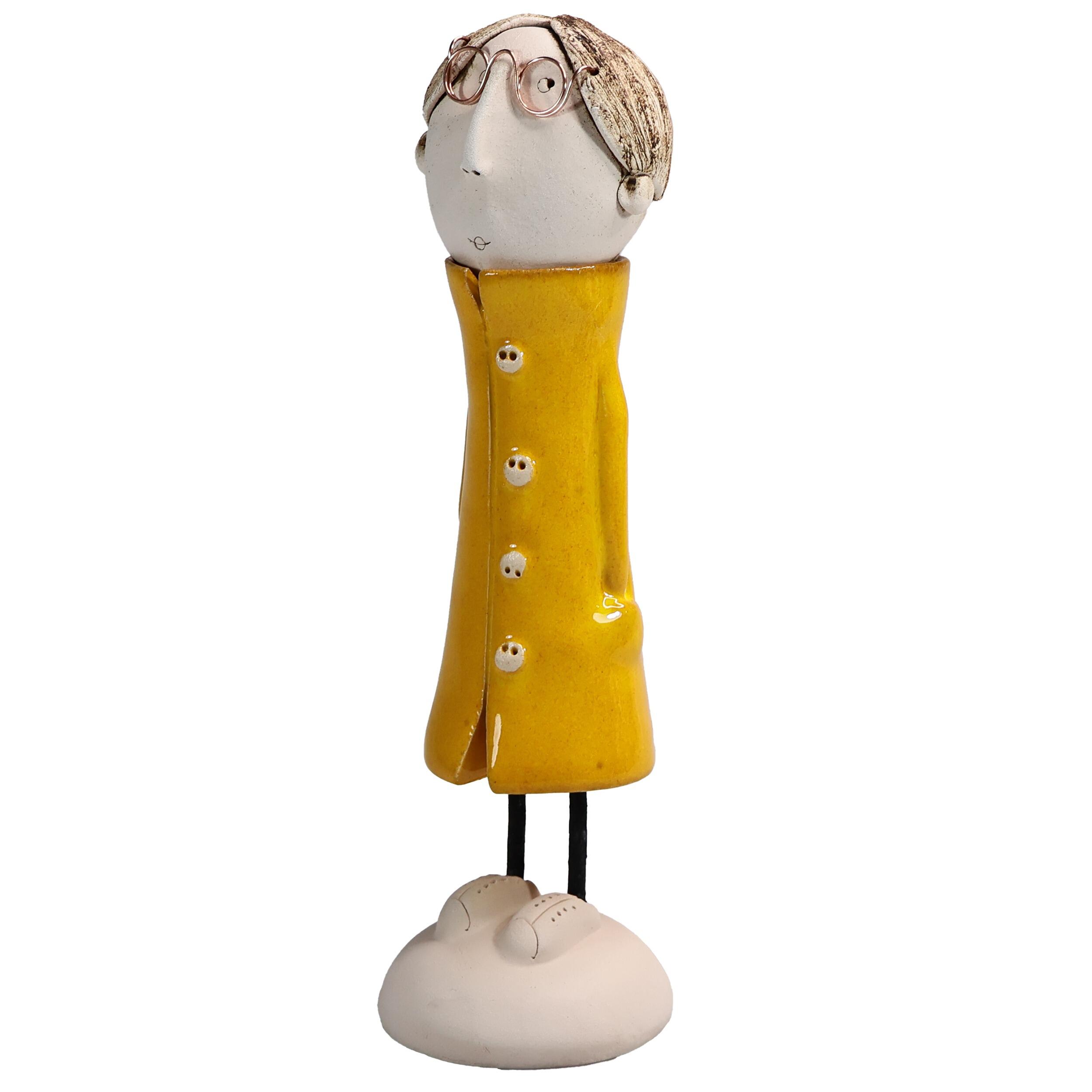 Handmade Ceramic Long-Haired Man Figurine with Specs & Great Coat | Couples Home Décor Gift