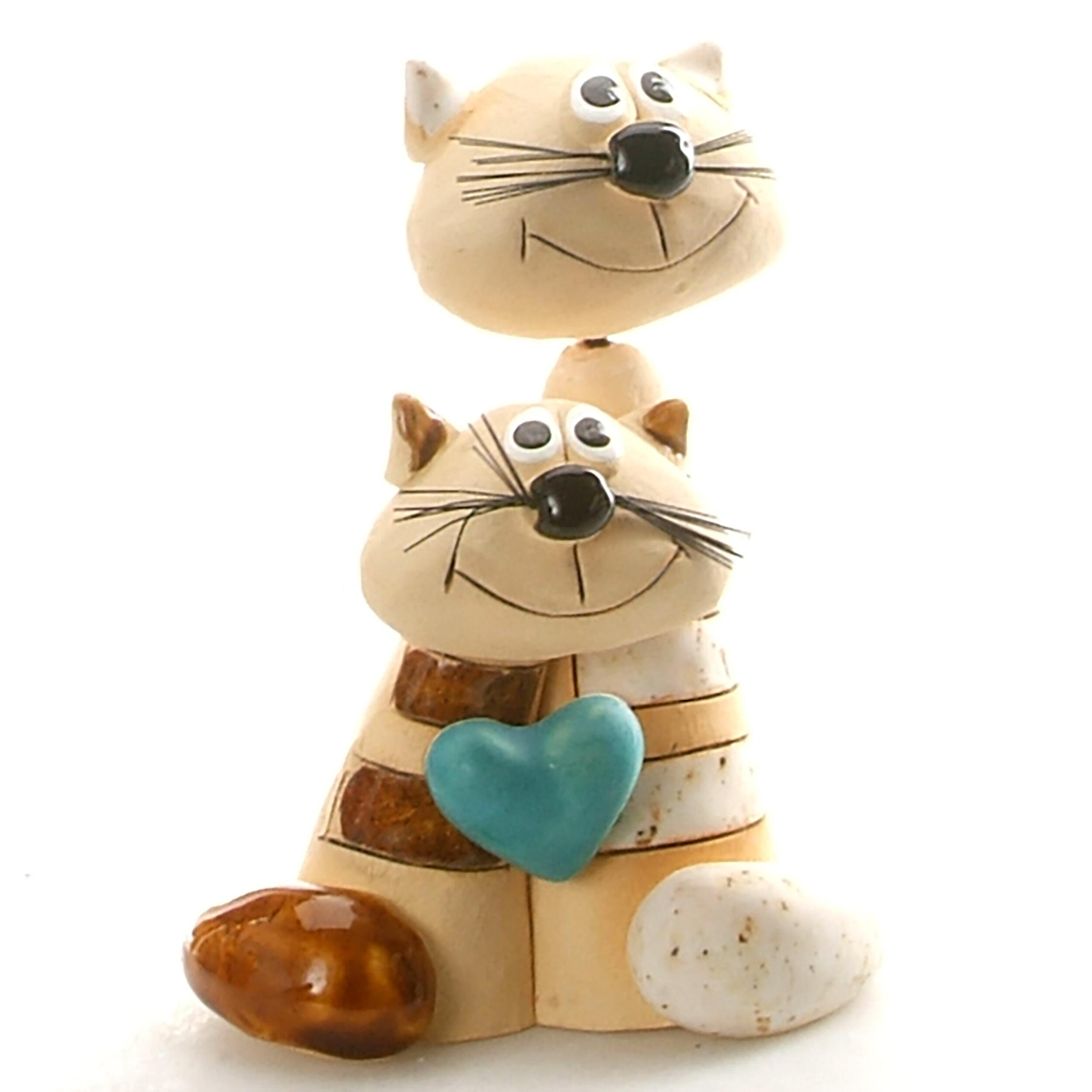 Magical Cat Pair with Blue Heart Handmade Ceramic Figurine