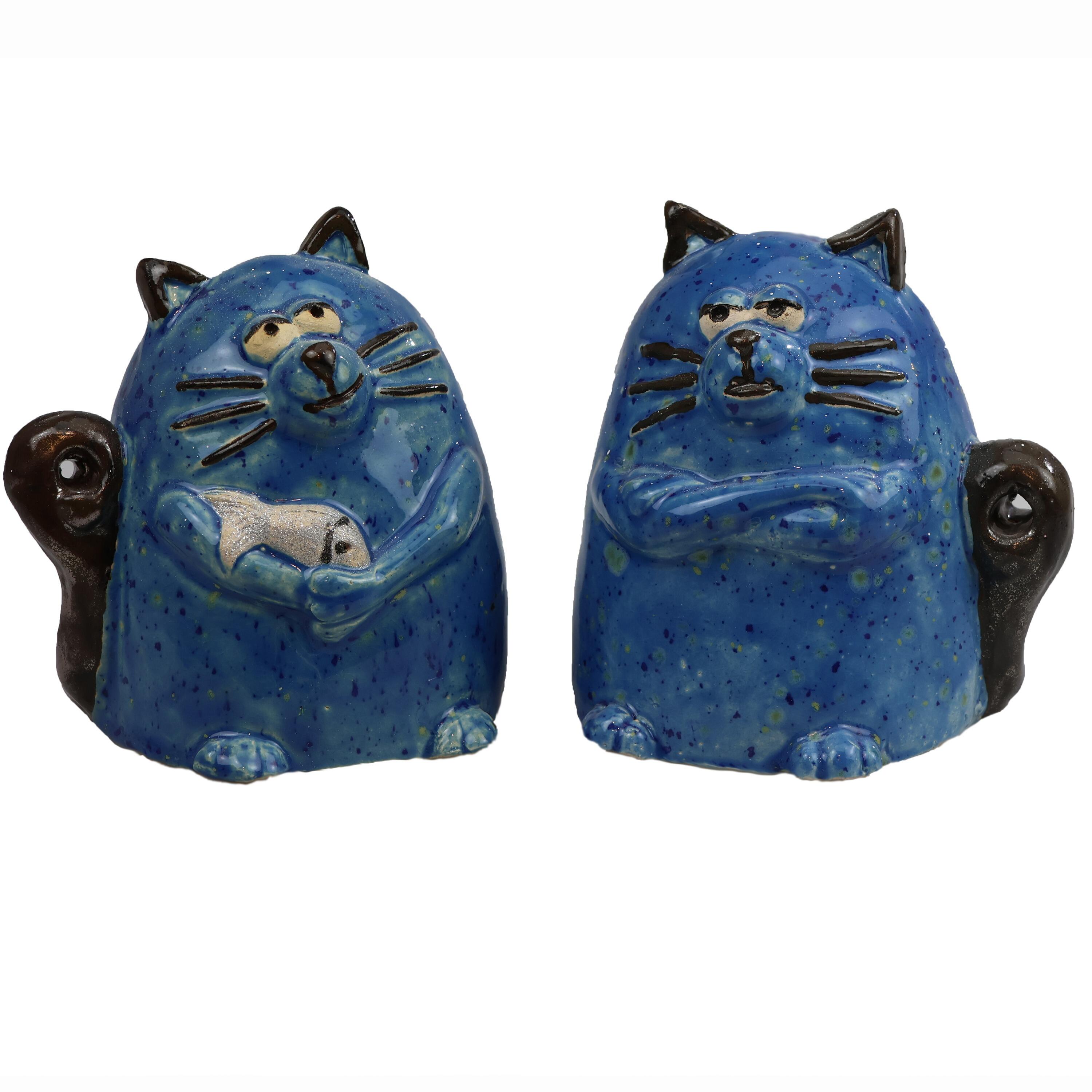 Funky Handmade Ceramic Grumpy Cat with Fish in Various Colours and Metallic Tail