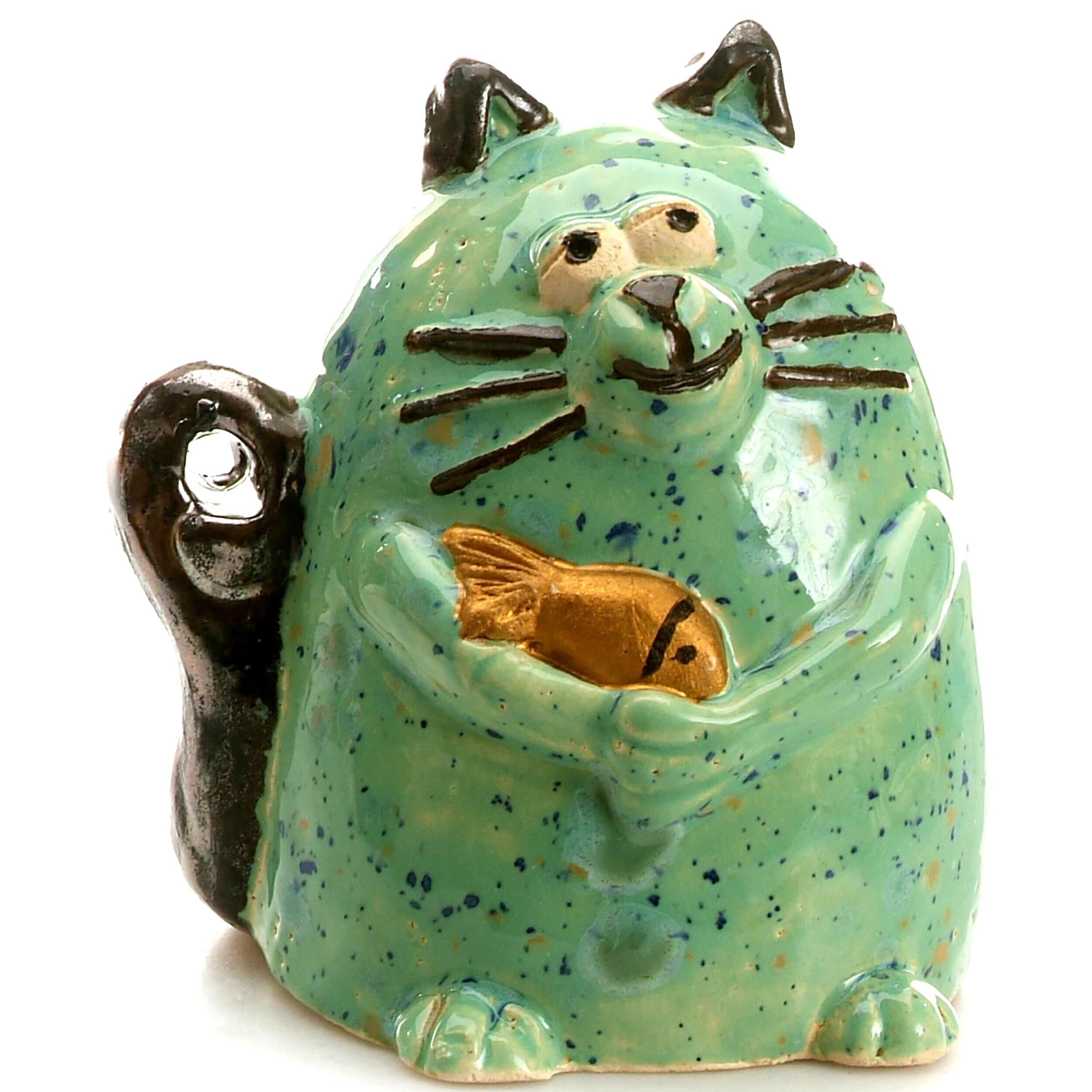 Funky Handmade Ceramic Grumpy Cat with Fish in Various Colours and Metallic Tail