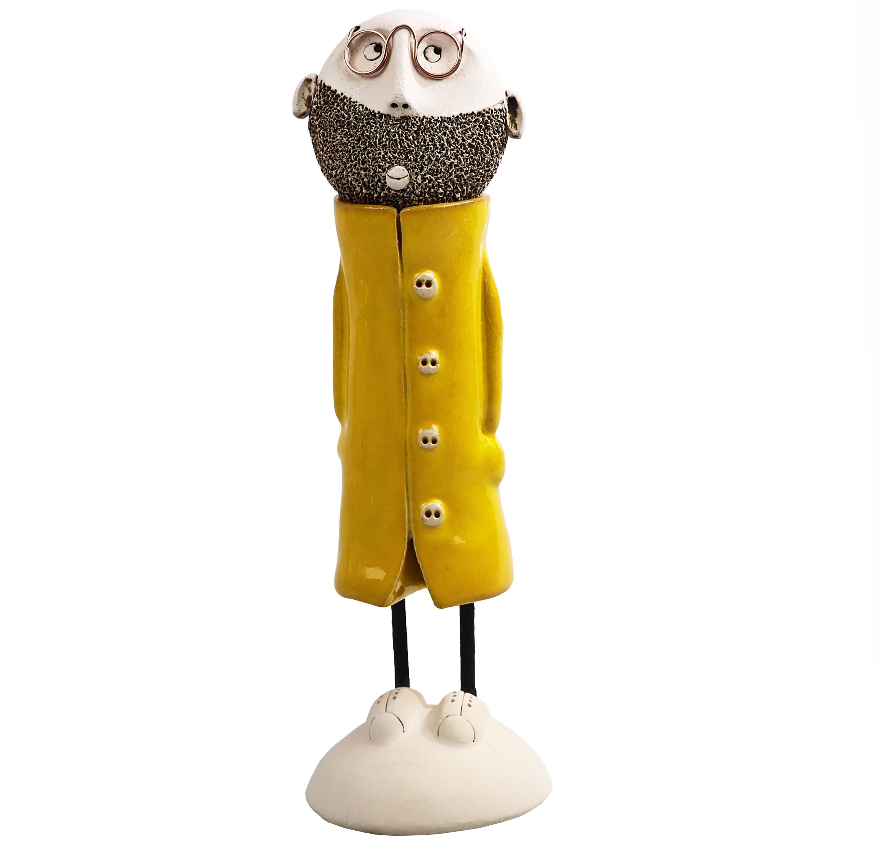 Handmade Bald Man Figurine with Glasses & Beard in Great Coat