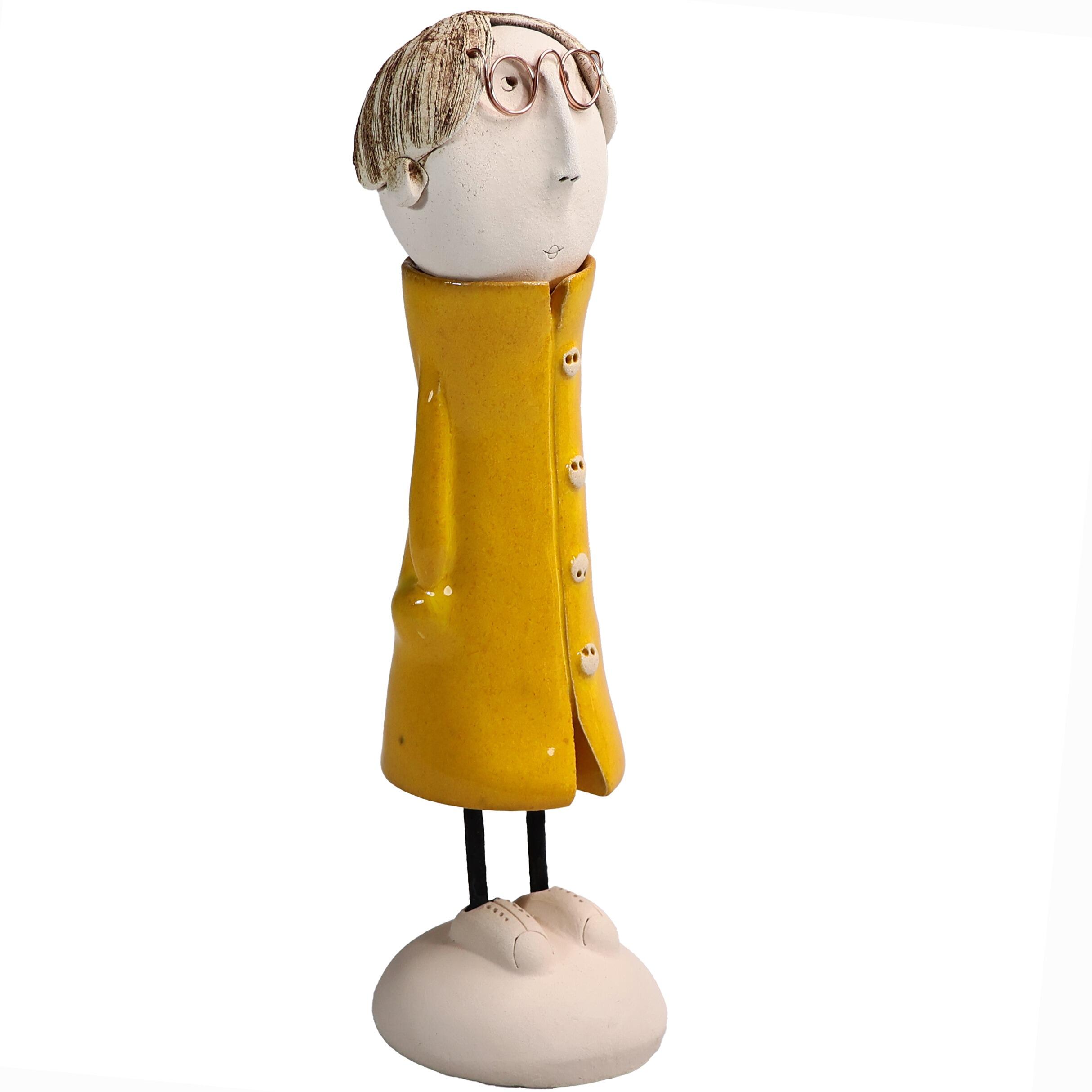 Handmade Ceramic Long-Haired Man Figurine with Specs & Great Coat | Couples Home Décor Gift