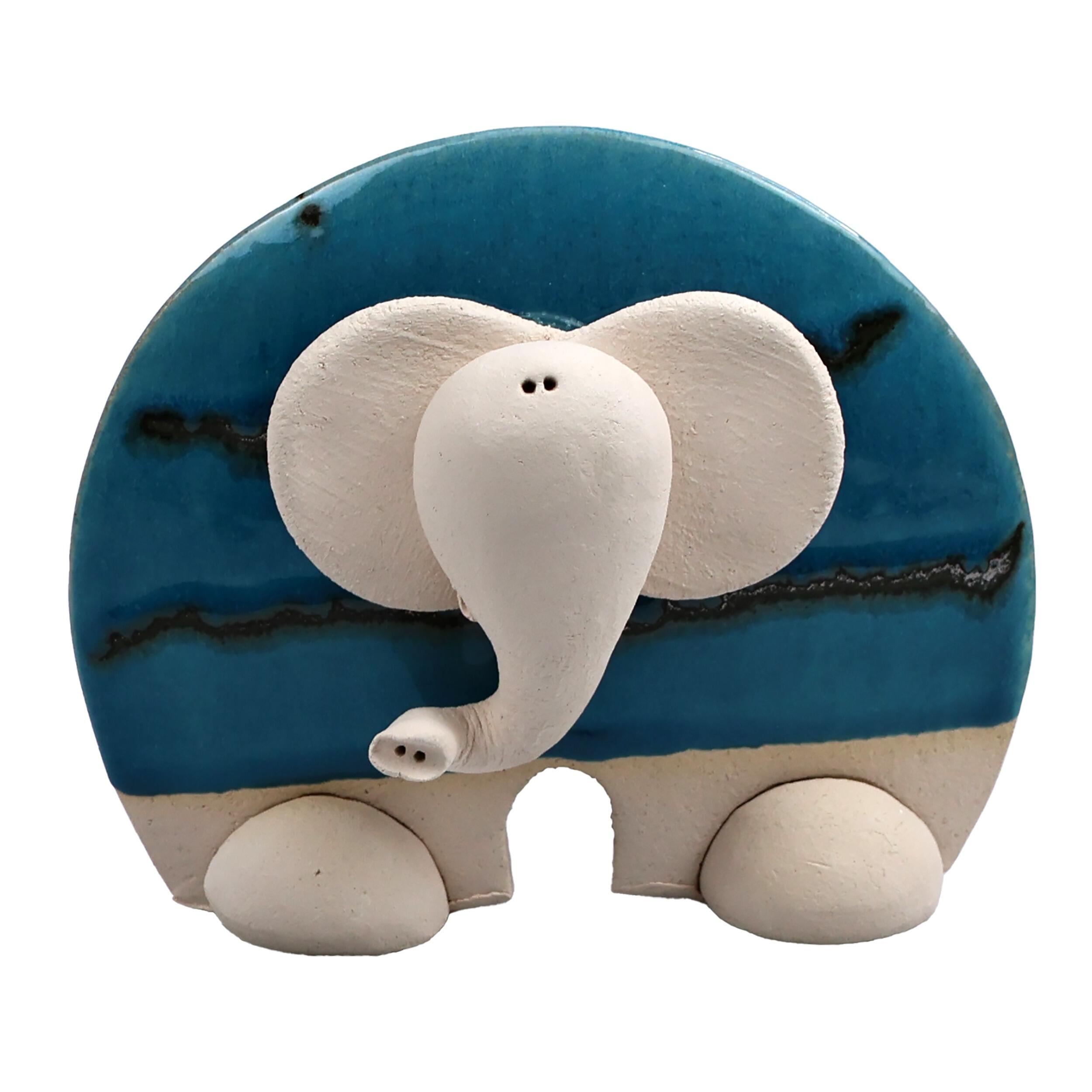 Handmade Ceramic Good Luck Elephant – Flat Elephant with Trunk Up, Pottery Animal Ornament, Lucky Home Décor Gift