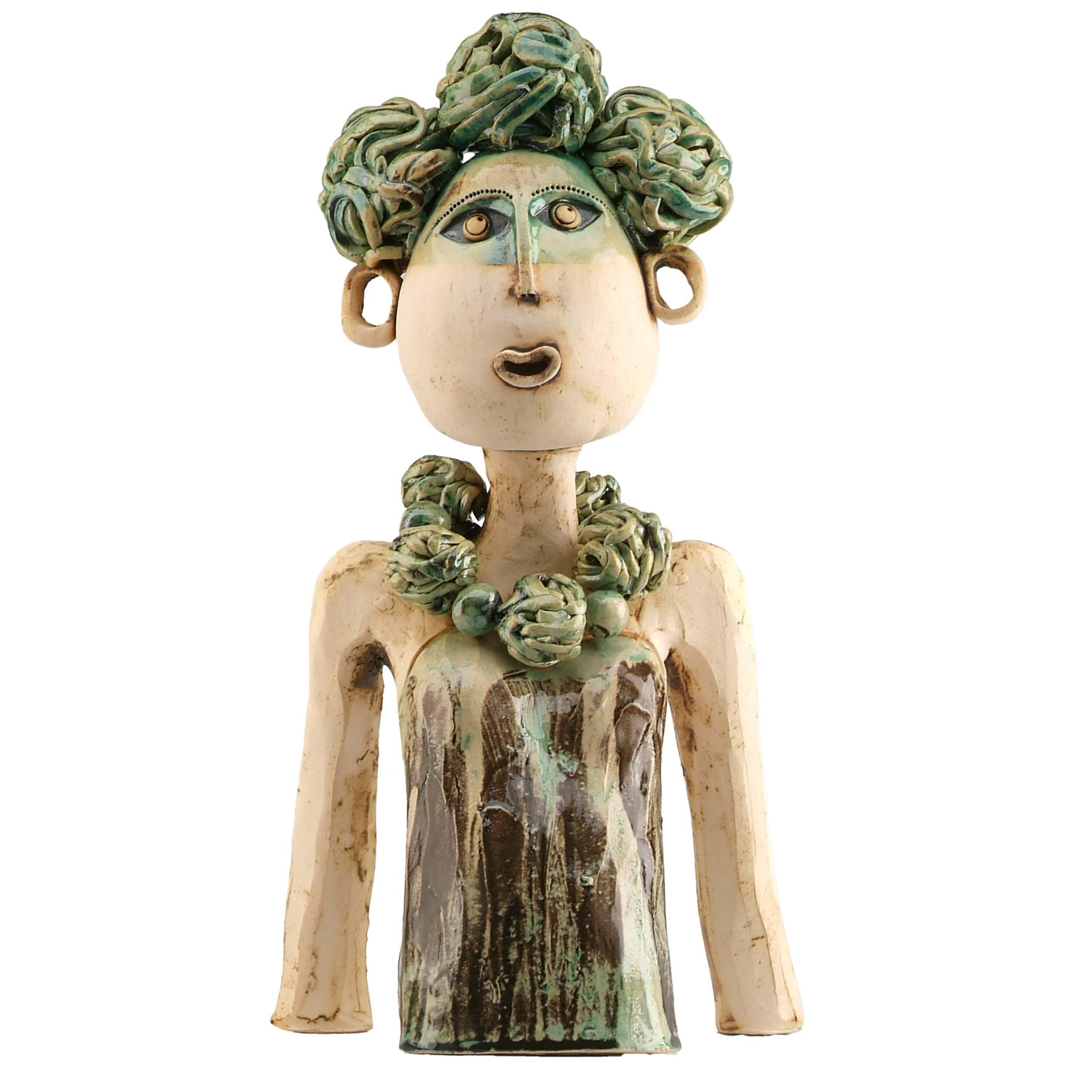 Exotic Lady in Green Handmade Ceramic Large Statue
