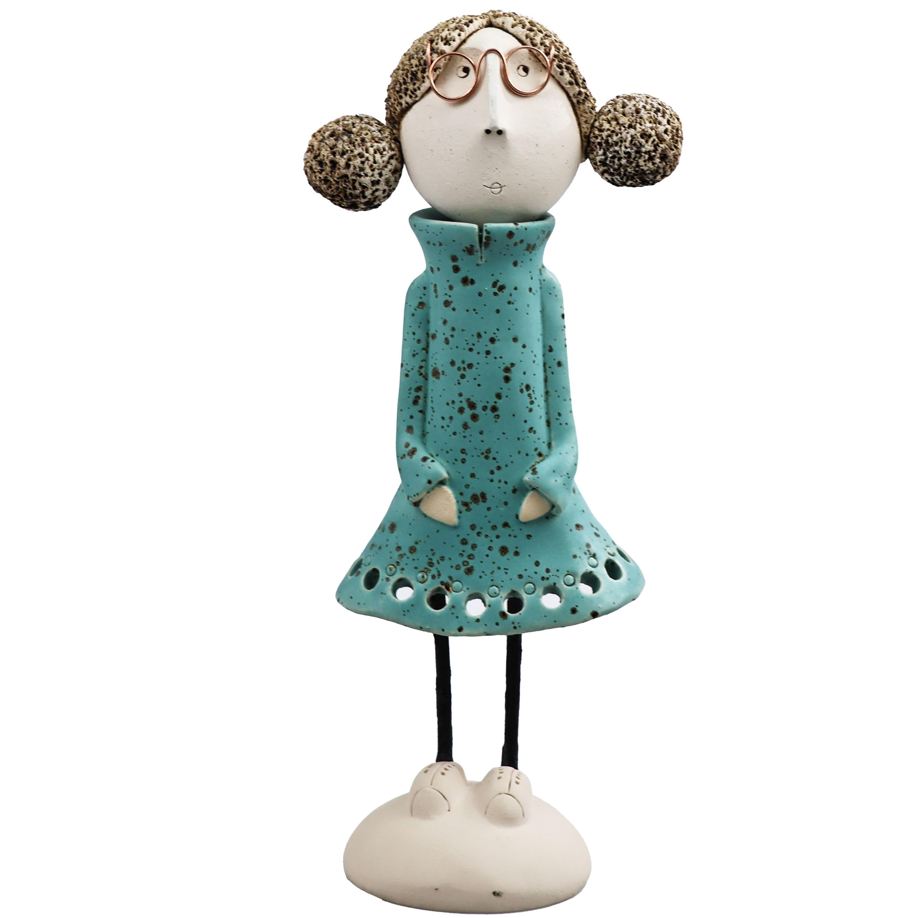 Handmade Ceramic Girl Figurine with Rounded Bunches | Home Décor Gift