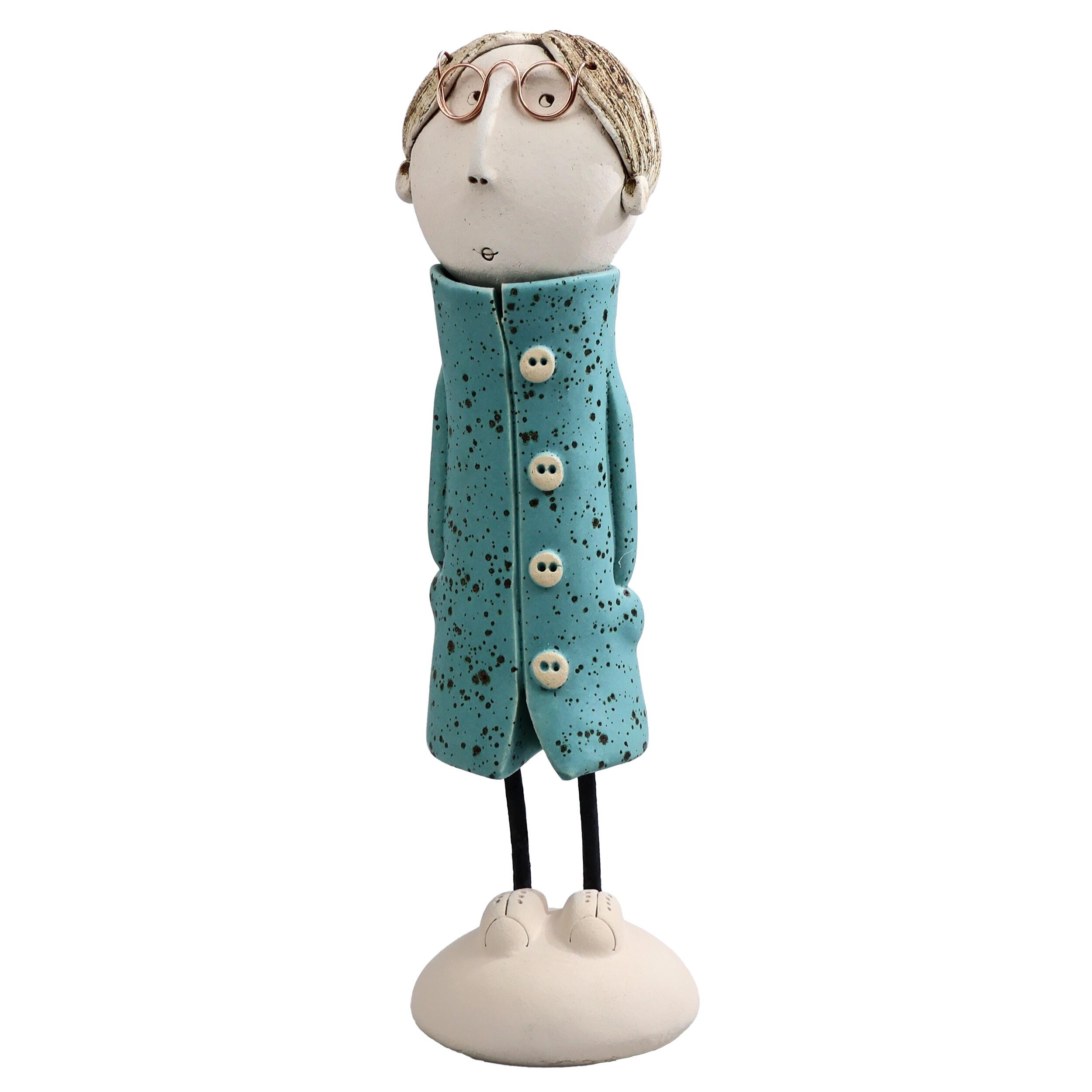 Handmade Ceramic Long-Haired Man Figurine with Specs & Great Coat | Couples Home Décor Gift