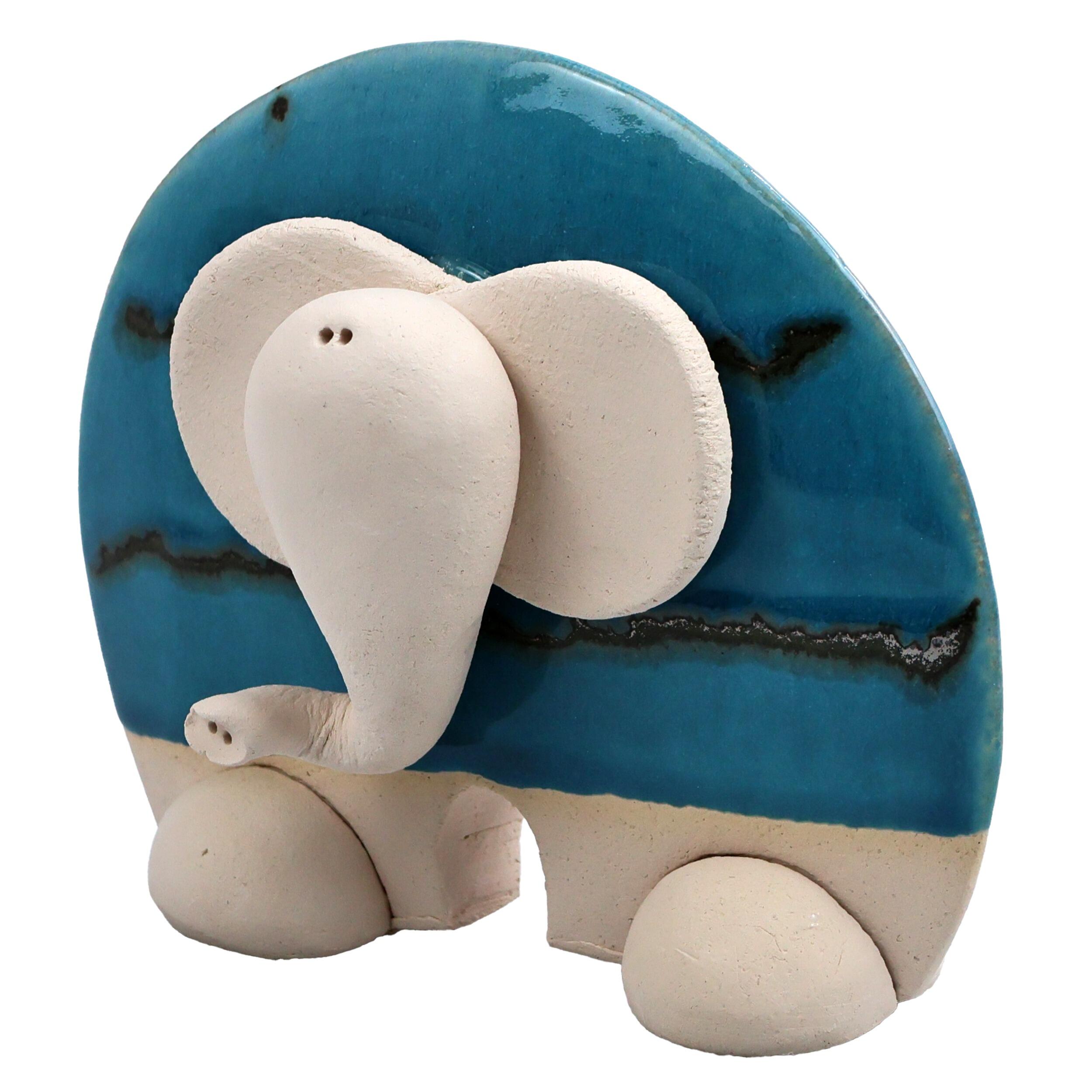 Handmade Ceramic Good Luck Elephant – Flat Elephant with Trunk Up, Pottery Animal Ornament, Lucky Home Décor Gift