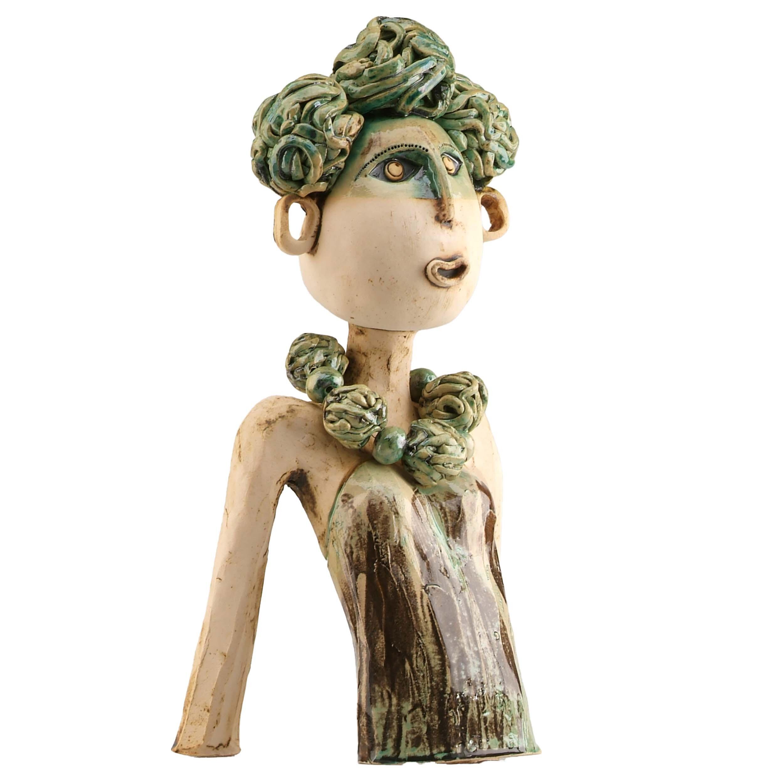 Exotic Lady in Green Handmade Ceramic Large Statue