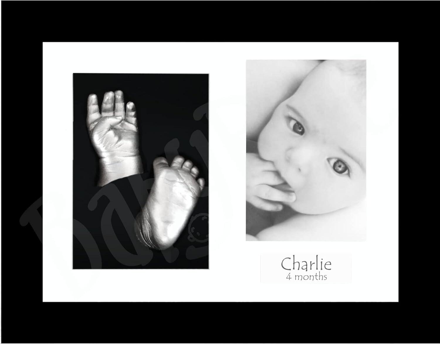 Baby Hand and Foot 3D Casting Kit with Silver Casts and Photo Display Frame in Black