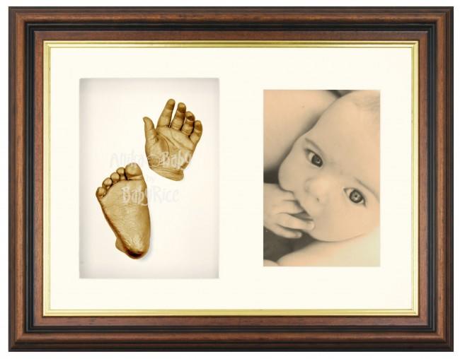 New 3D Baby Casting Kit Hand Foot Bronze Cast Photo Display Mahogany Gold Frame 