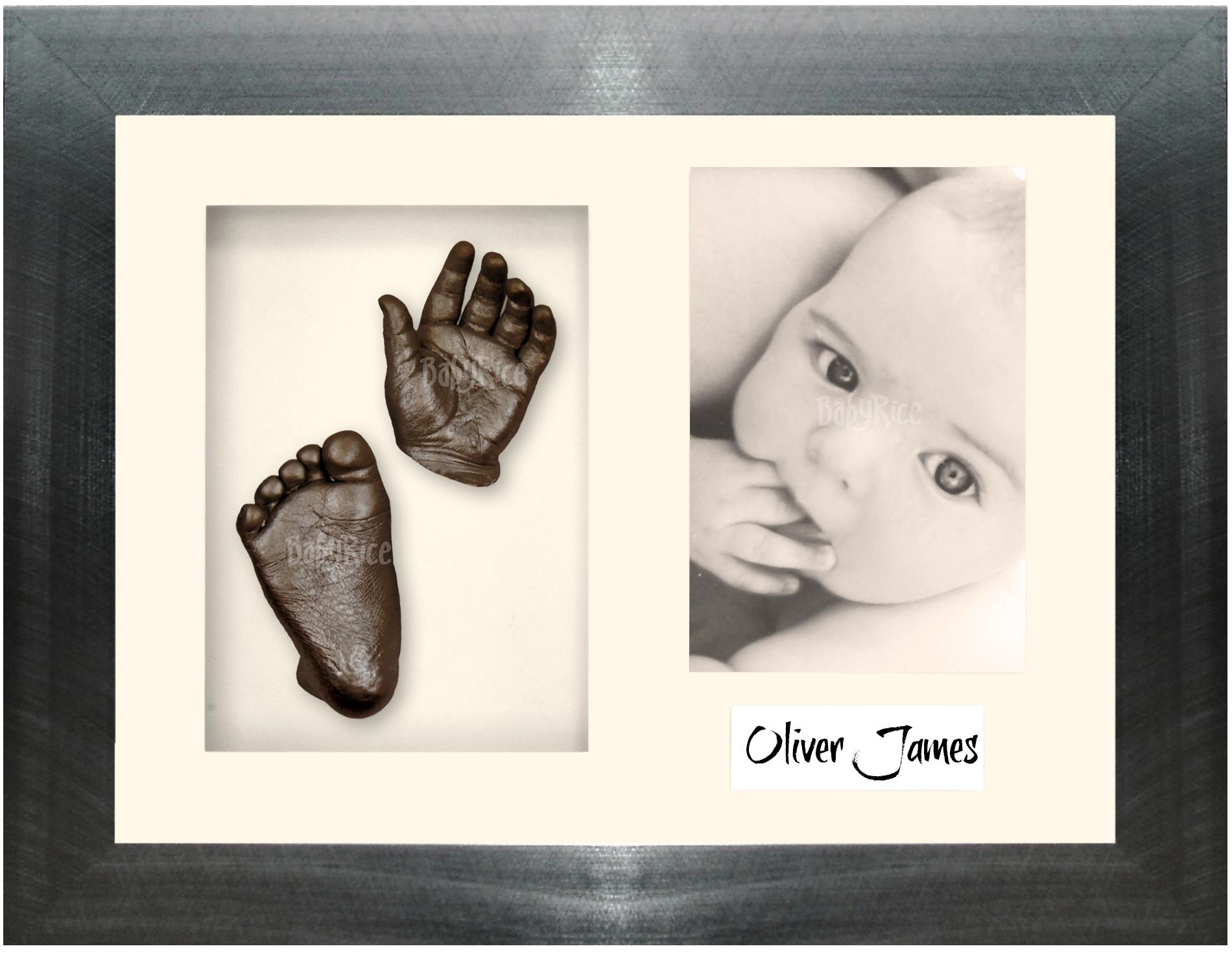 Pewter Grey Frame, Cream Mount, Bronze Baby Hand Foot Cast