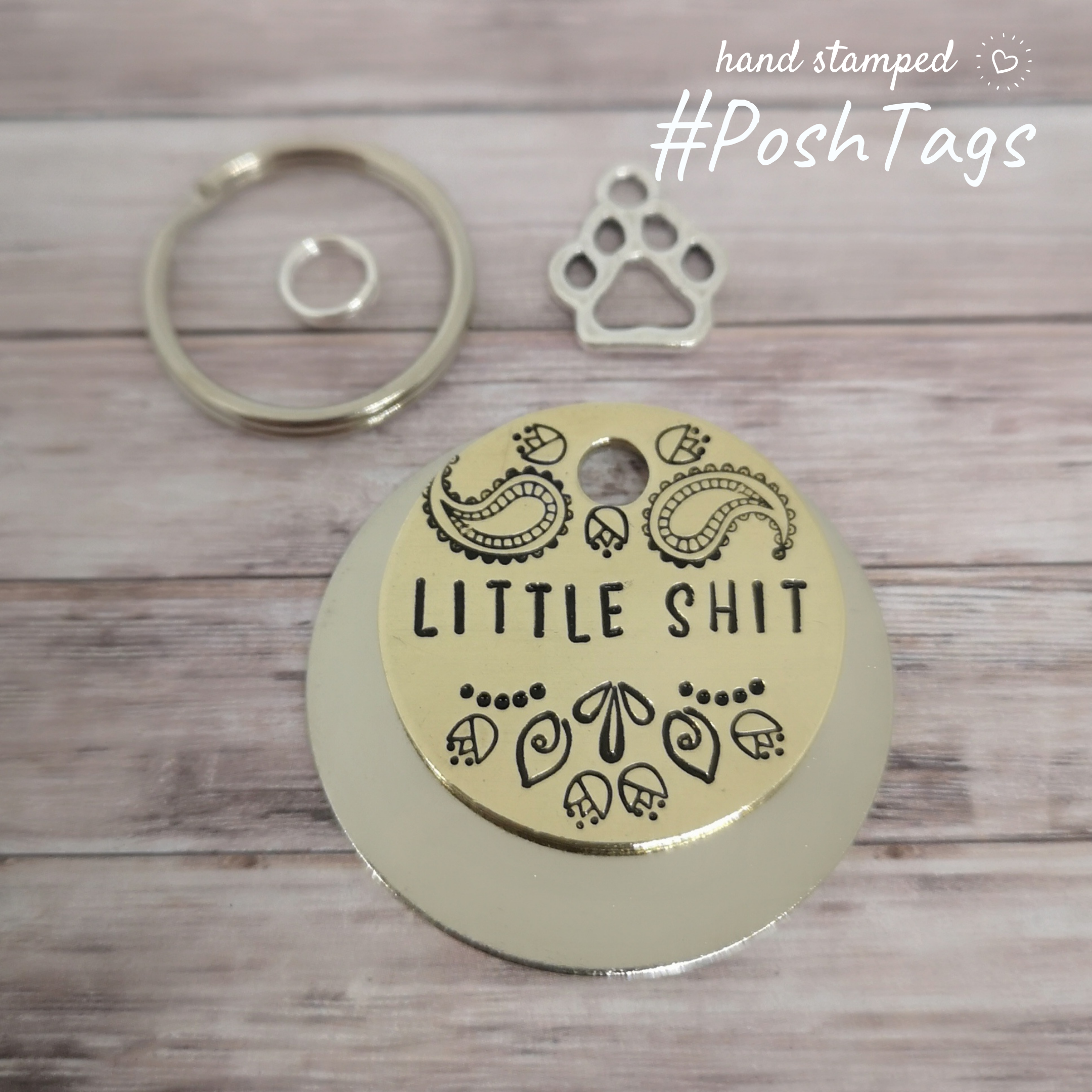 Little shit (or pet name/chipped) - 3 sizes - rude funny - hand stamped cat  dog pet collar ID tag