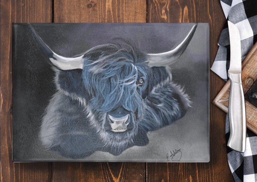 Black Highland cow glass work surface saver - Chopping board