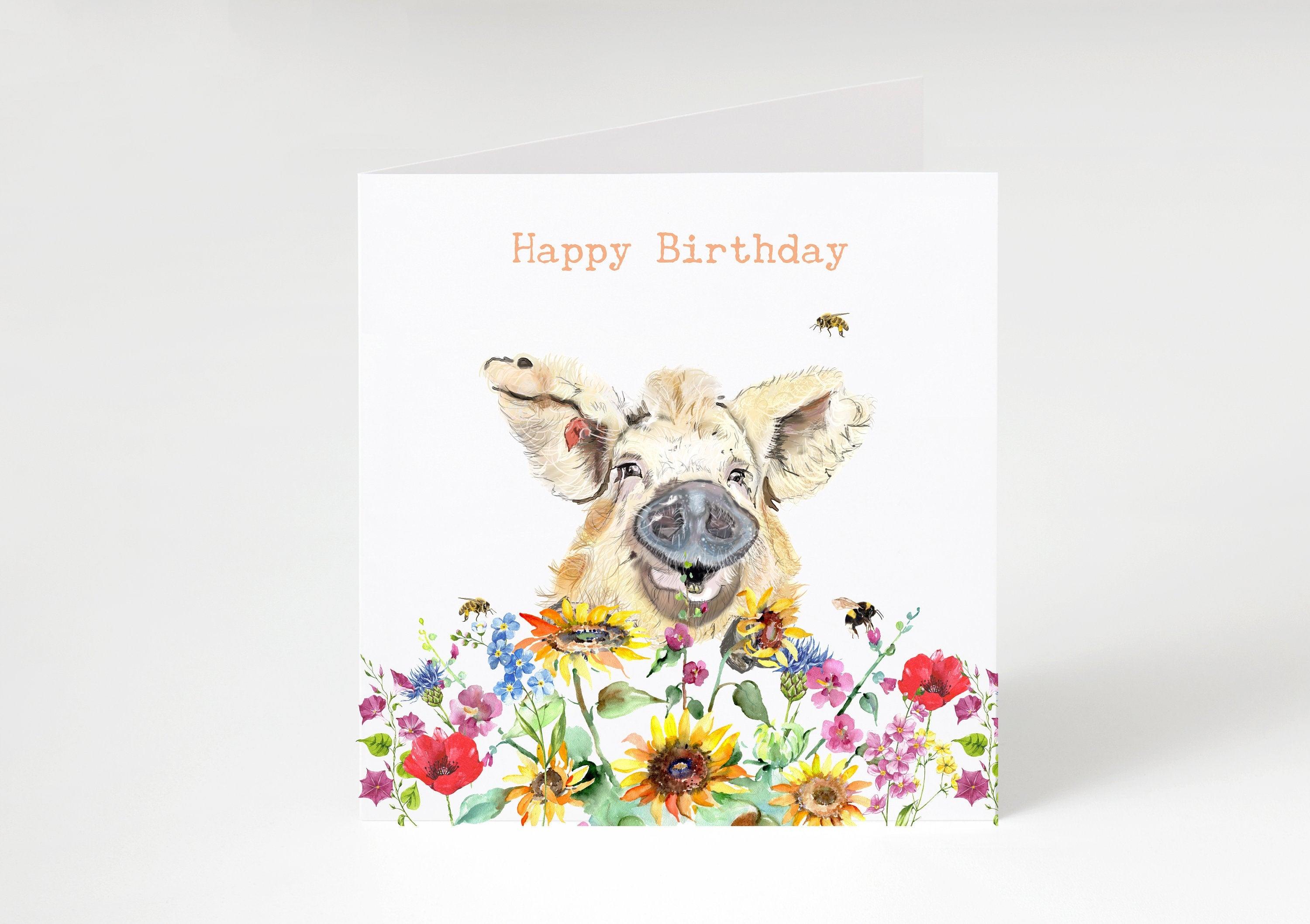 Pig birthday card, female birthday, open card , farming cards, funny  greetings cards, handmade card