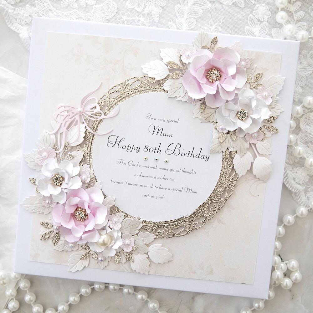 Personalised 80th birthday card for mum with gold lace frame and pink 3D flowers, luxury handmade keepsake gift boxed UK