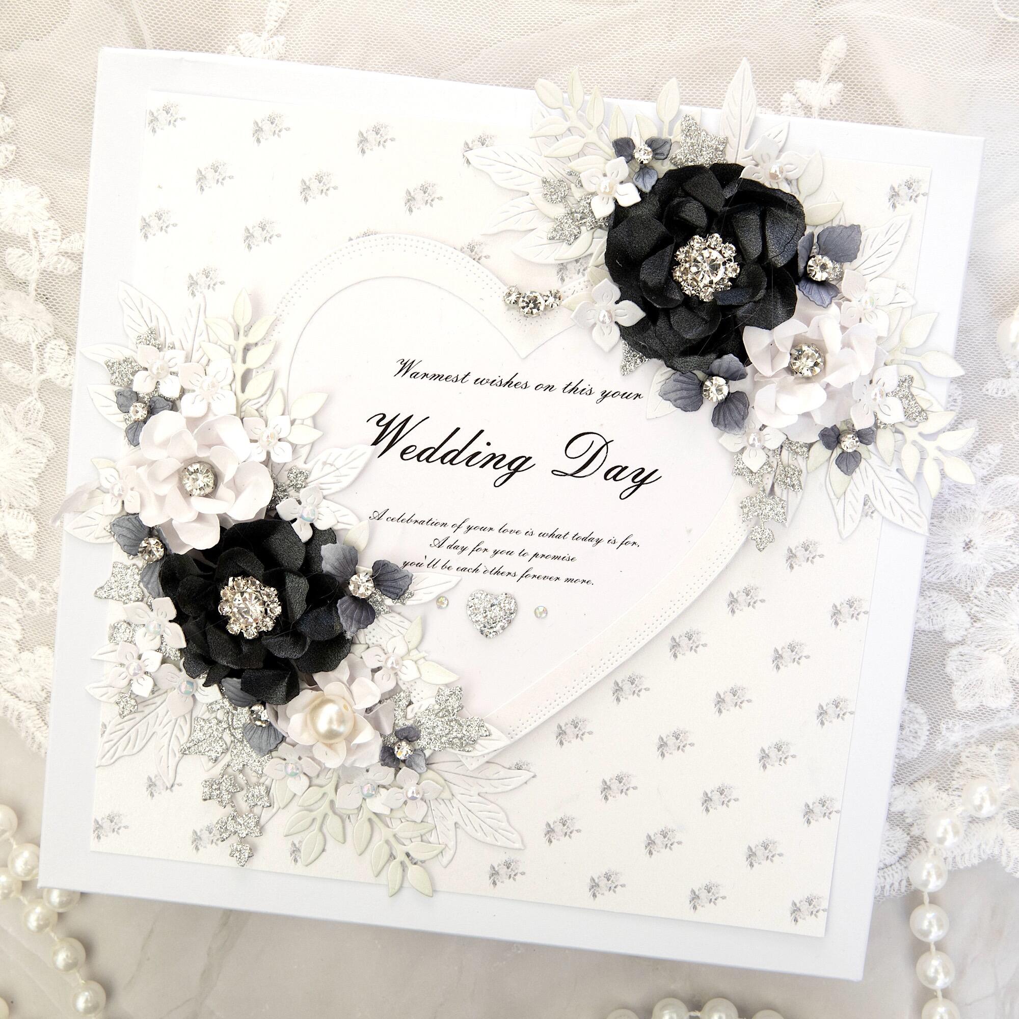 Luxury handmade wedding day card with black and silver 3D flowers, heart frame and crystals, personalised keepsake gift boxed made in Leicestershire UK