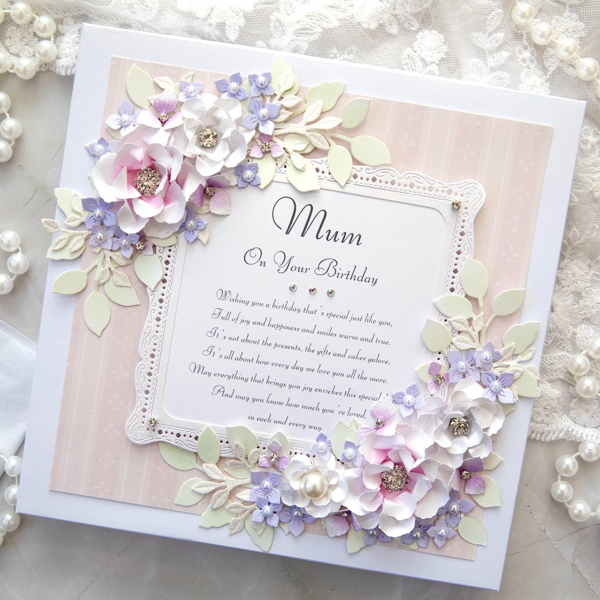Luxury handmade birthday card for mum from Leicestershire with lavender and pink 3D flowers, pearls, lace frame, personalised, gift boxed