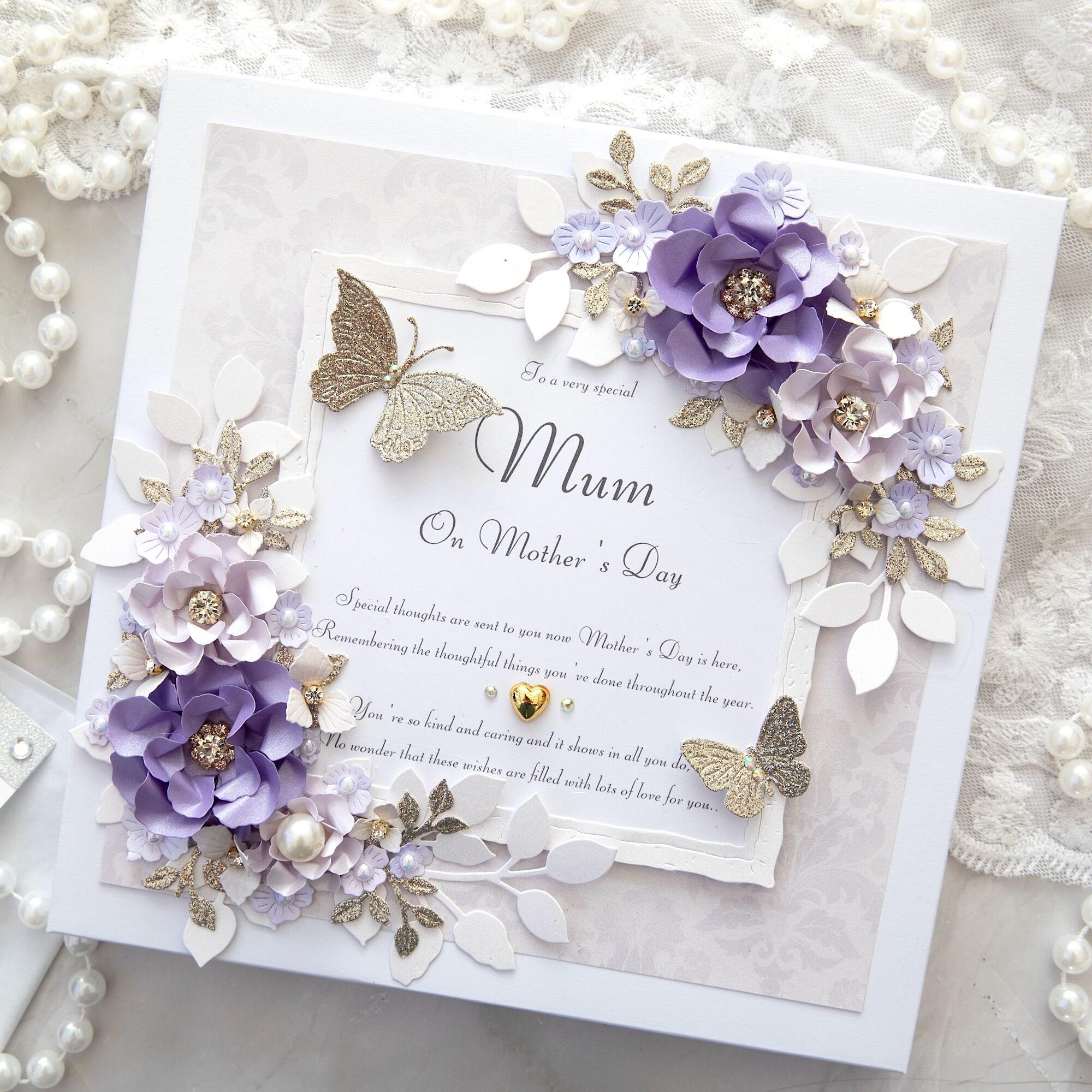 Luxury handmade 8x8 Mother's Day card for Mum with 3D lavender flowers, gold butterflies, pearls and heartfelt poem. Gift boxed