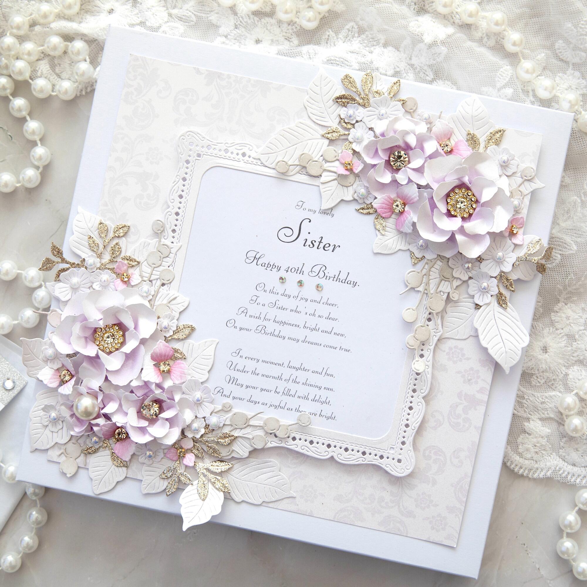 Luxury handmade 40th birthday card for sister from Leicestershire with lilac 3D flowers, gold leaves, pearls and crystals, personalised, gift boxed