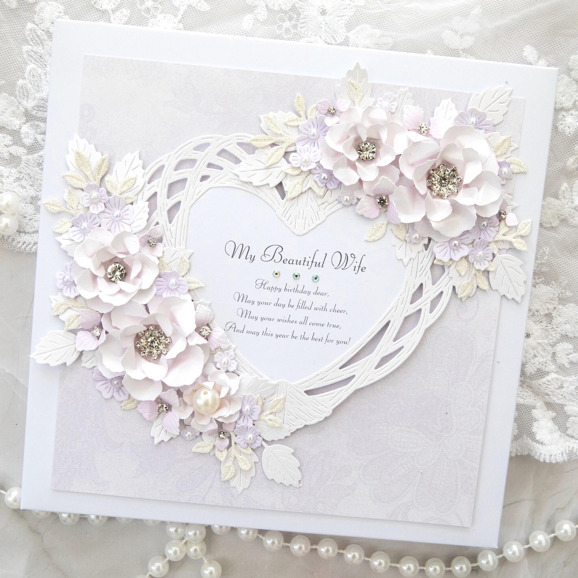 Luxury handmade personalised birthday card for wife with woven white heart frame, 3D blush pink and lilac flowers, pearls, crystals and butterflies, gift boxed, handmade in Leicestershire UK