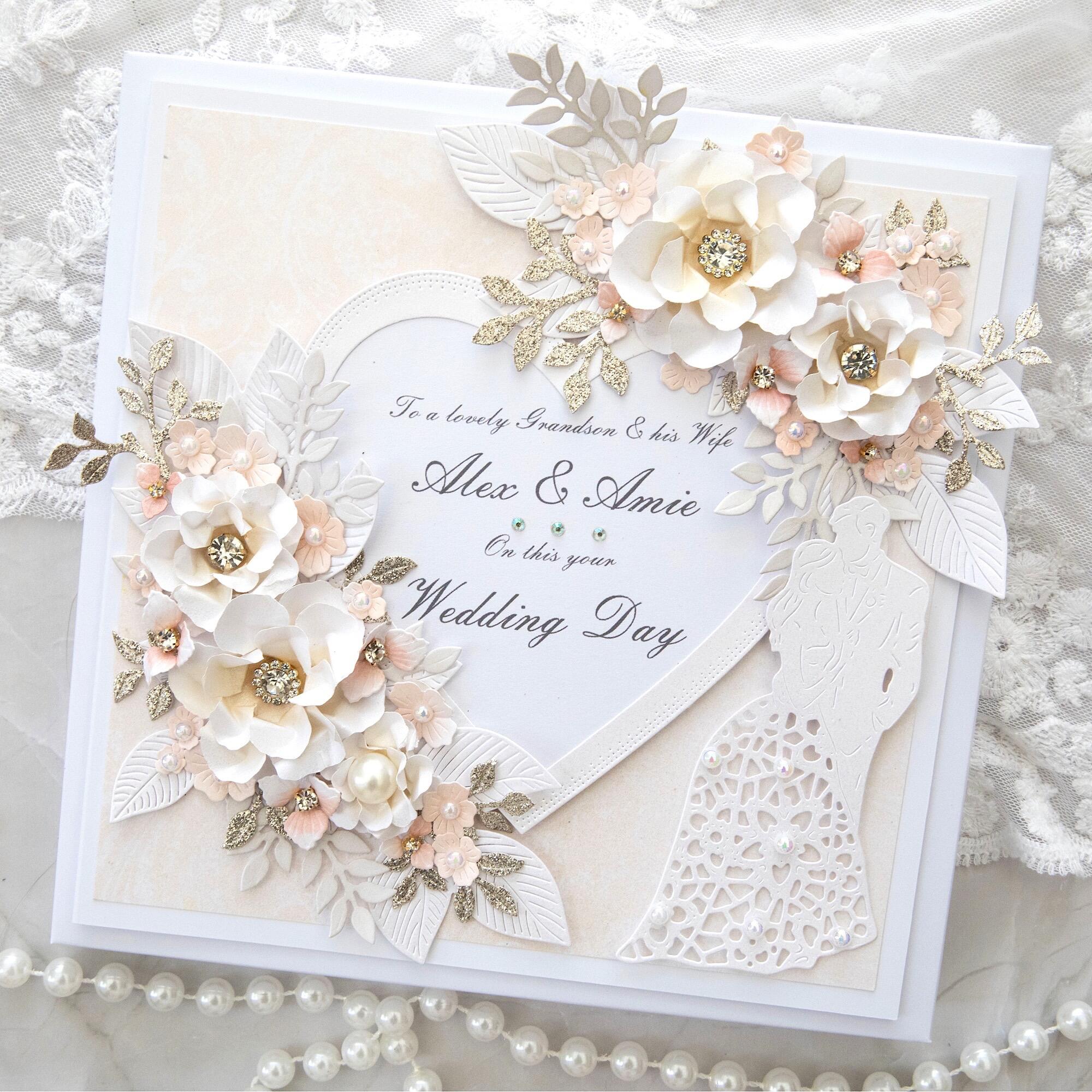 Handmade wedding card for grandson and wife with peach 3D flowers, champagne gold leaves, pearl details and lace bride silhouette in gift box