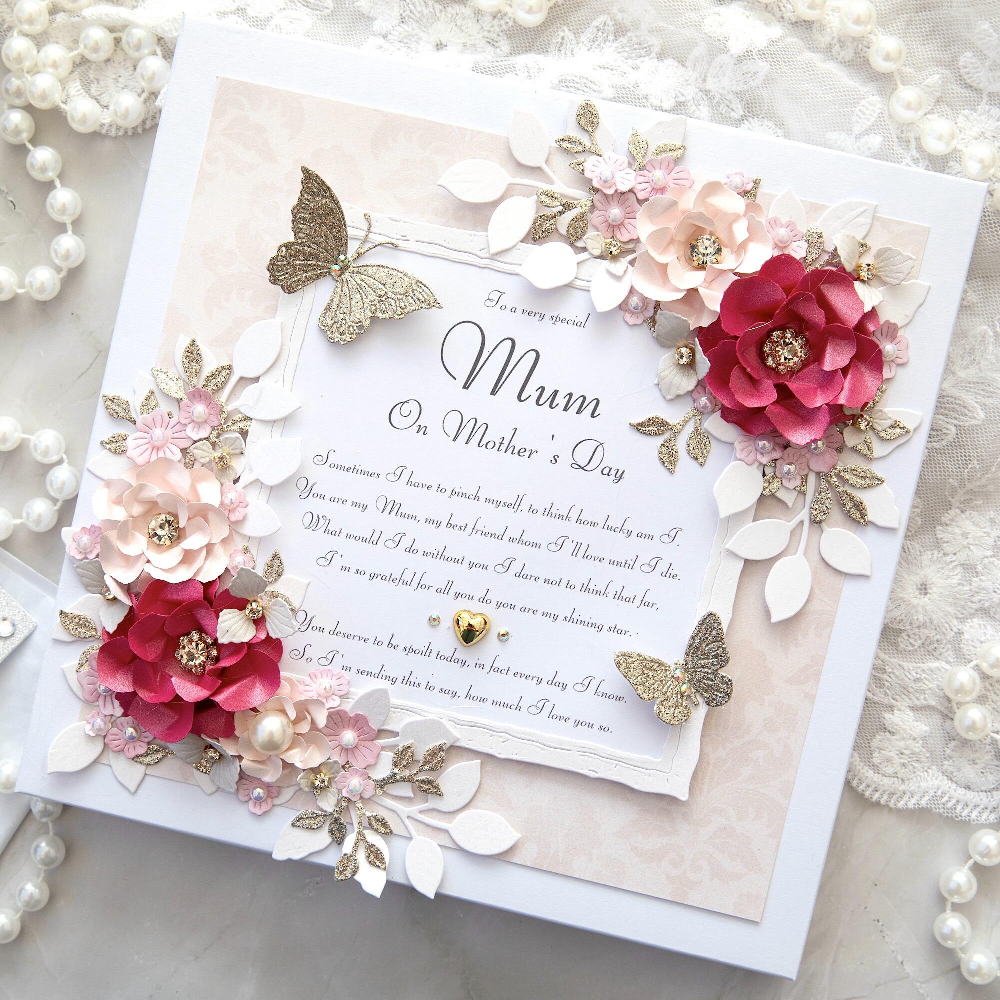 Luxury handmade 8x8 Mother's Day card for Mum with 3D blush and raspberry flowers, gold butterflies and poem. Comes in gift box