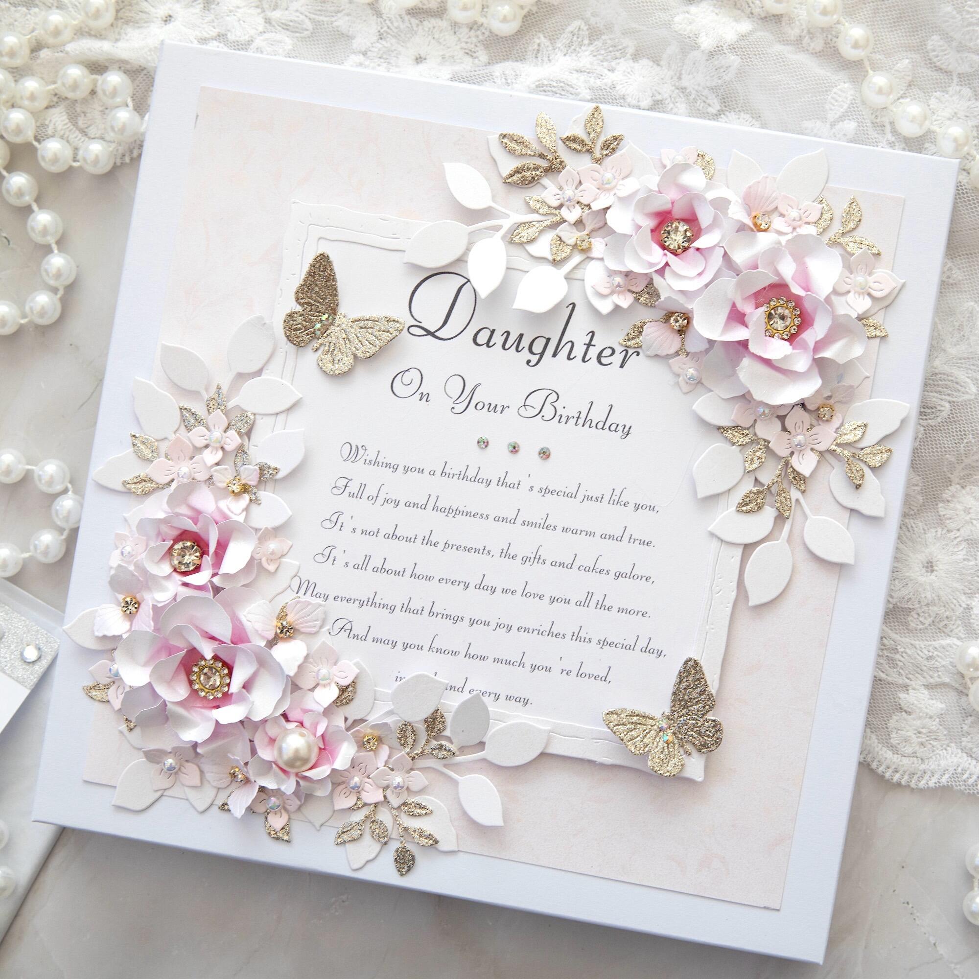 Luxury handmade birthday card for daughter from Ashby de la Zouch Leicestershire with pink 3D flowers, gold glitter butterflies, pearls, personalised, gift boxed