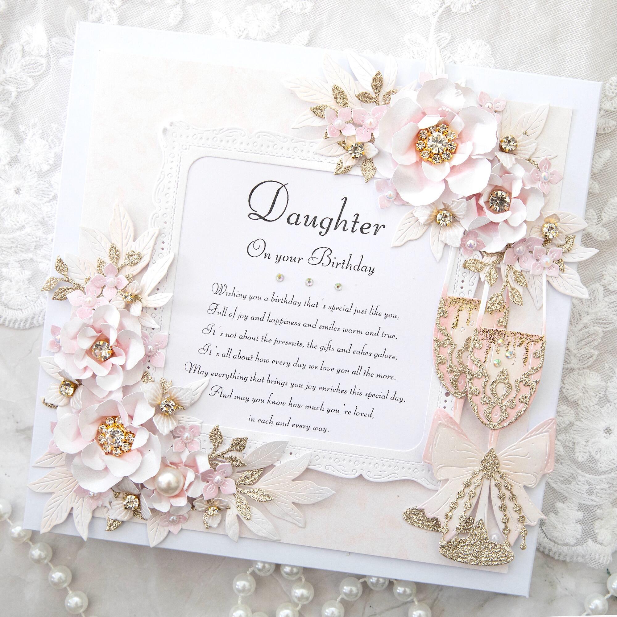 Luxury handmade 3D birthday card for daughter with blush pink flowers, gold glitter leaves, crystal centre and champagne glasses, made in Leicestershire and gift boxed