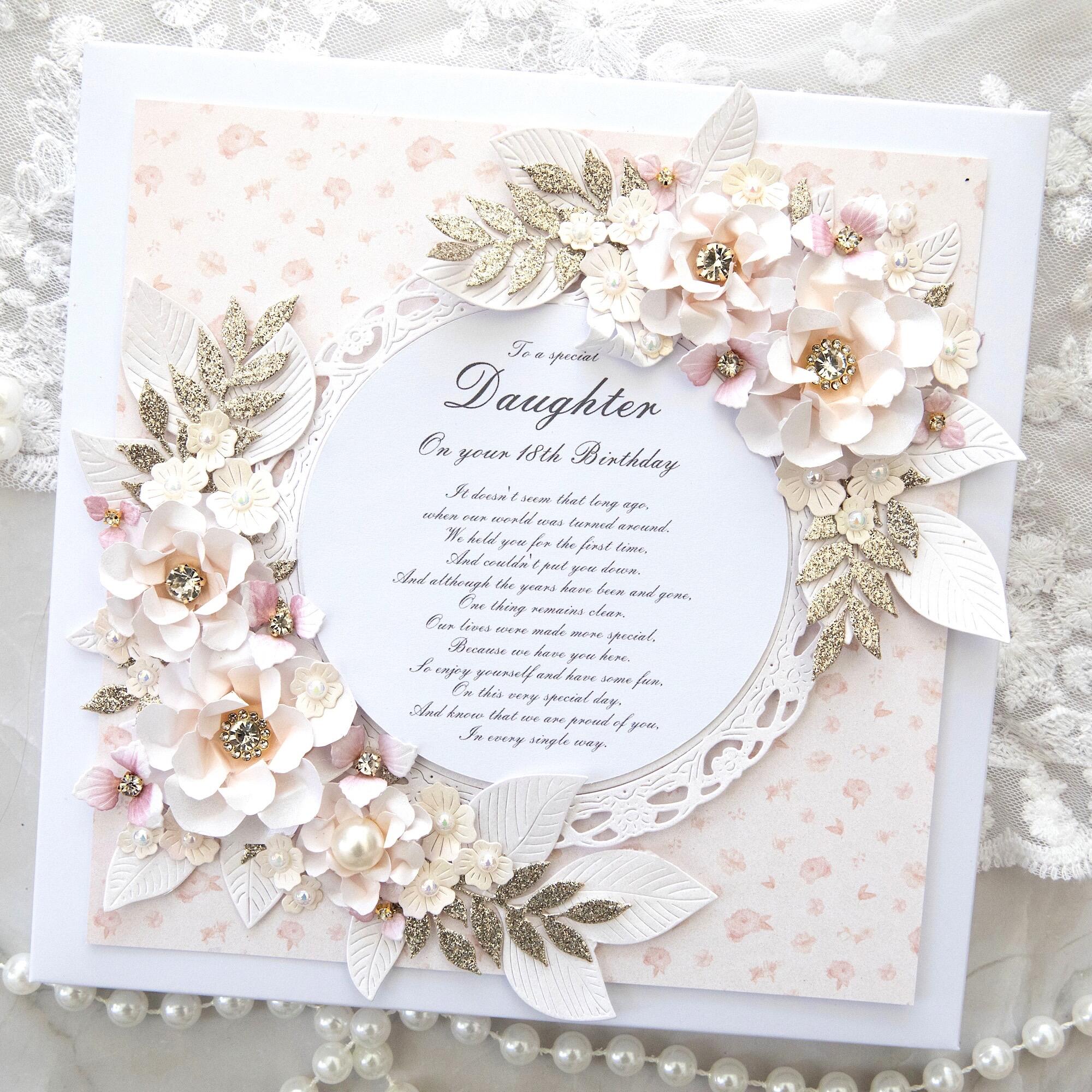 Luxury handmade 18th birthday card for daughter from Ashby de la Zouch Leicestershire with blush and ivory 3D flowers, gold glitter leaves, pearls, personalised, gift boxed